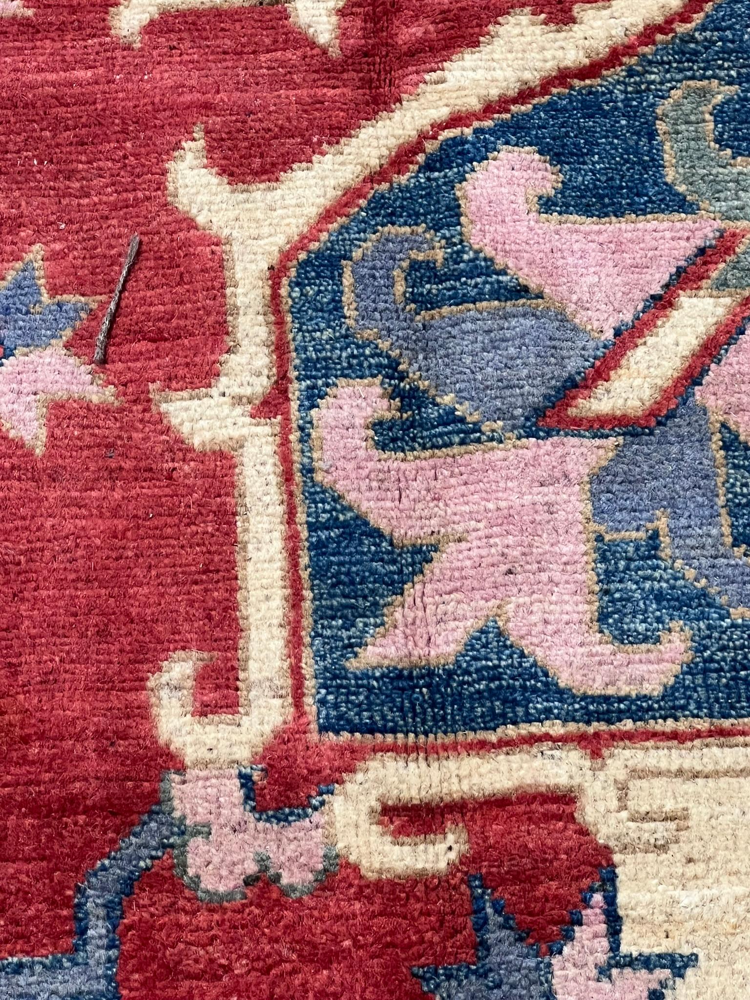 Hand-knotted carpet design inspired by ancient Serapis red and blue tones For Sale 2