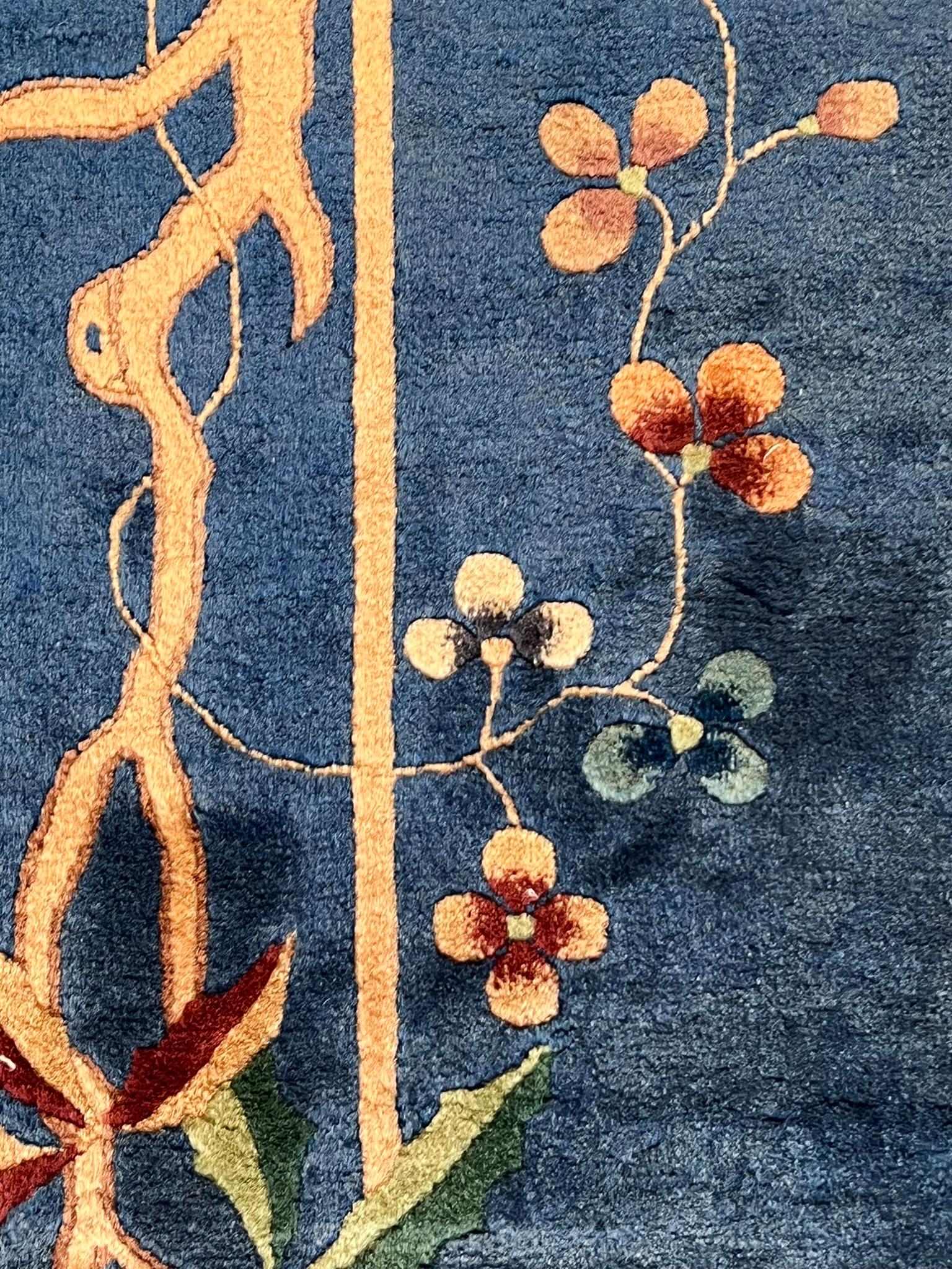 Art Deco rug light blue background with a butterfly and cascades of multicolored flowers In Fair Condition For Sale In Firenze, IT