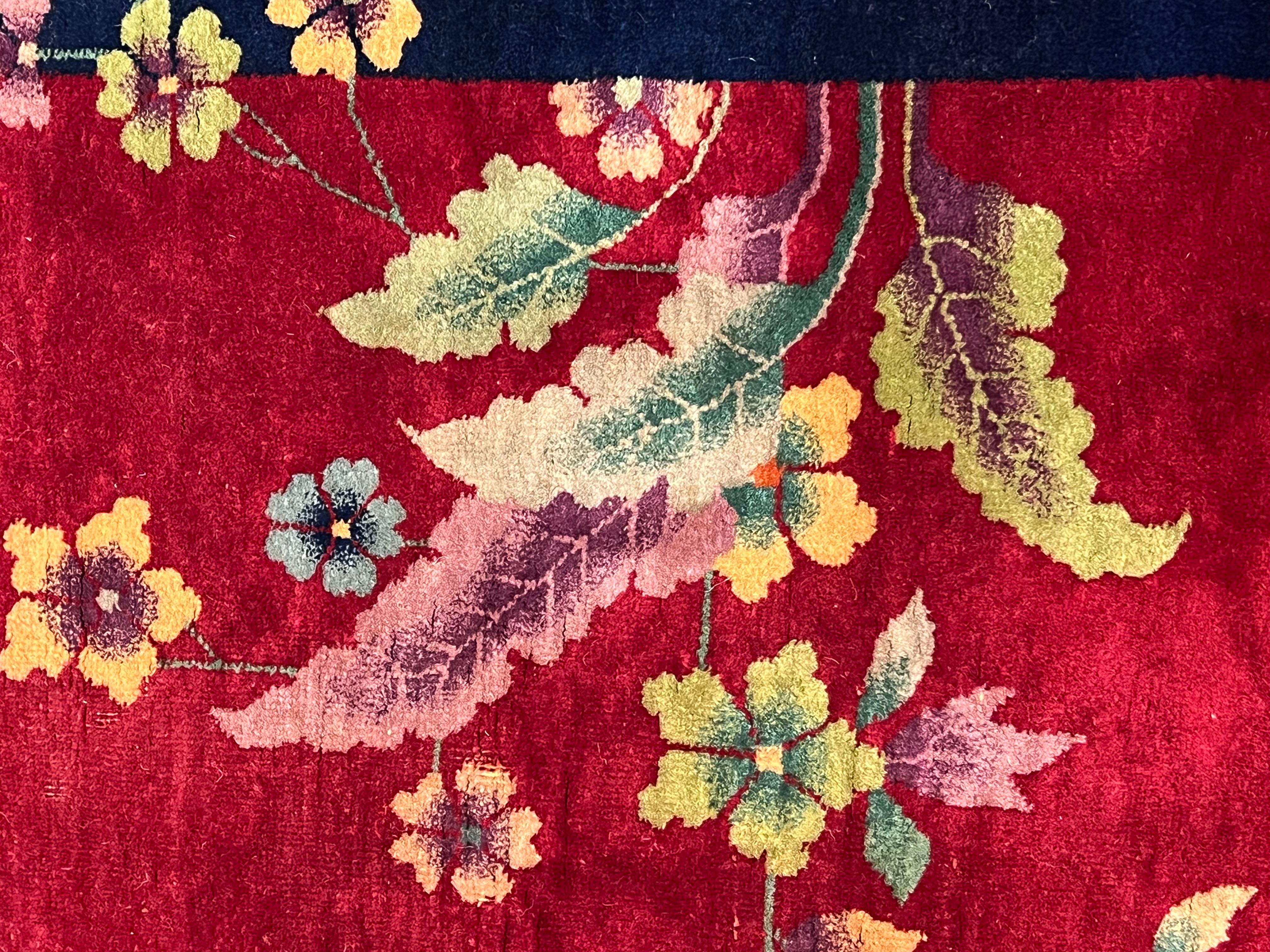 Art Deco' rug deep red background, blue border and colorful flower cascade For Sale 5