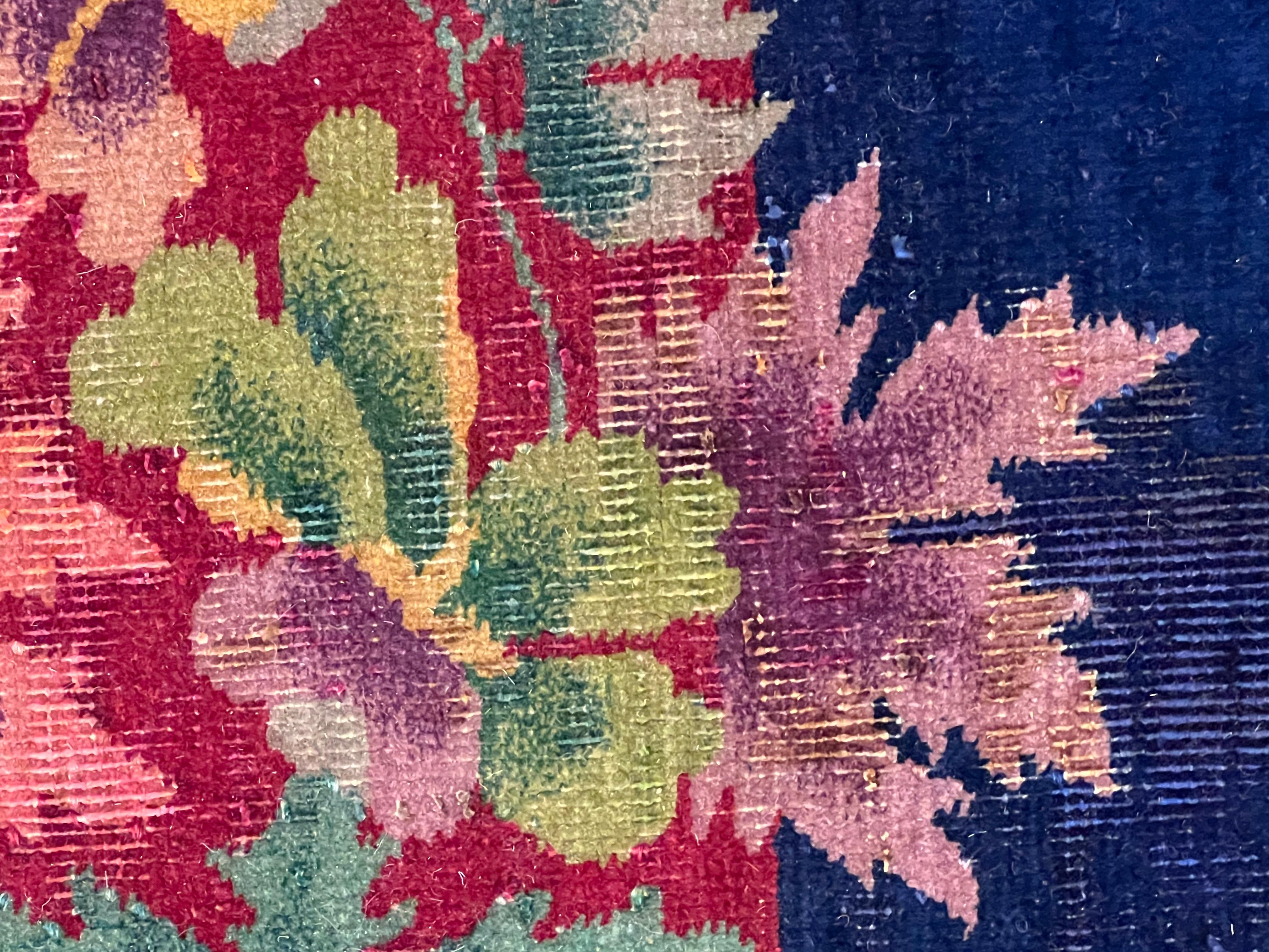 Art Deco' rug deep red background, blue border and colorful flower cascade For Sale 1