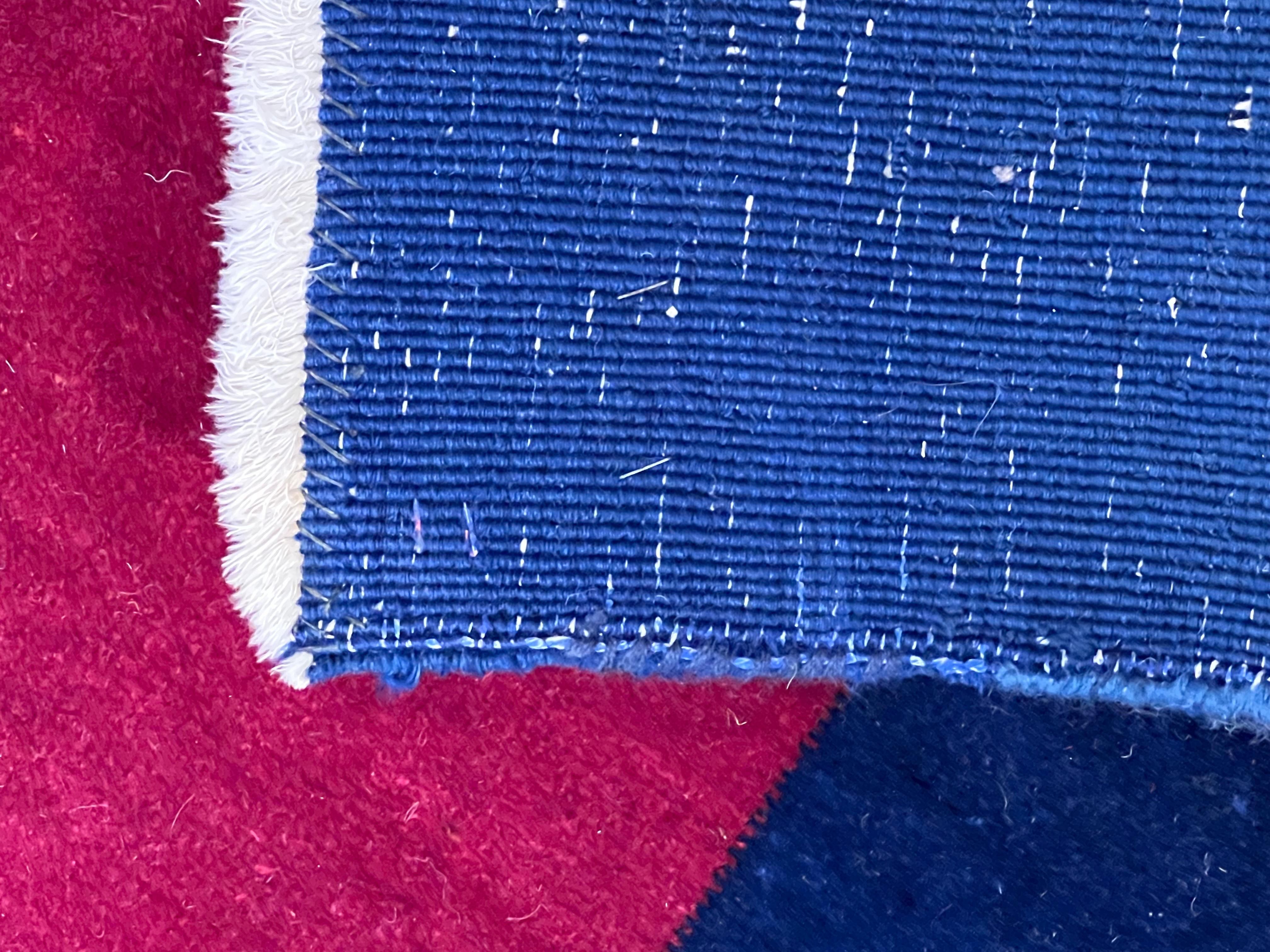 Art Deco' rug deep red background, blue border and colorful flower cascade For Sale 2