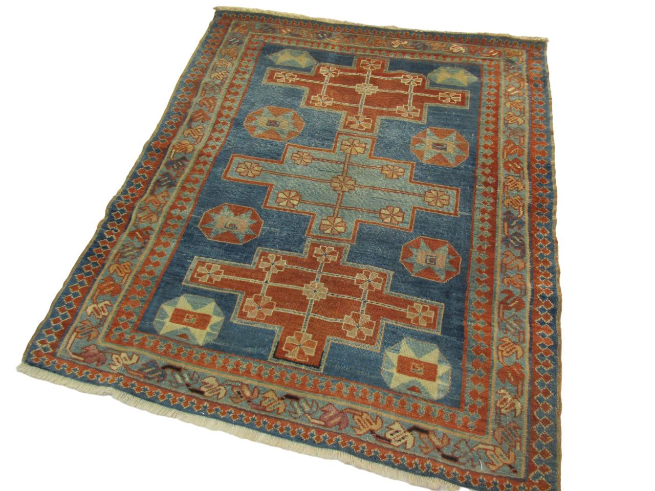 Wool Blue hand-knotted Caucasian rug For Sale