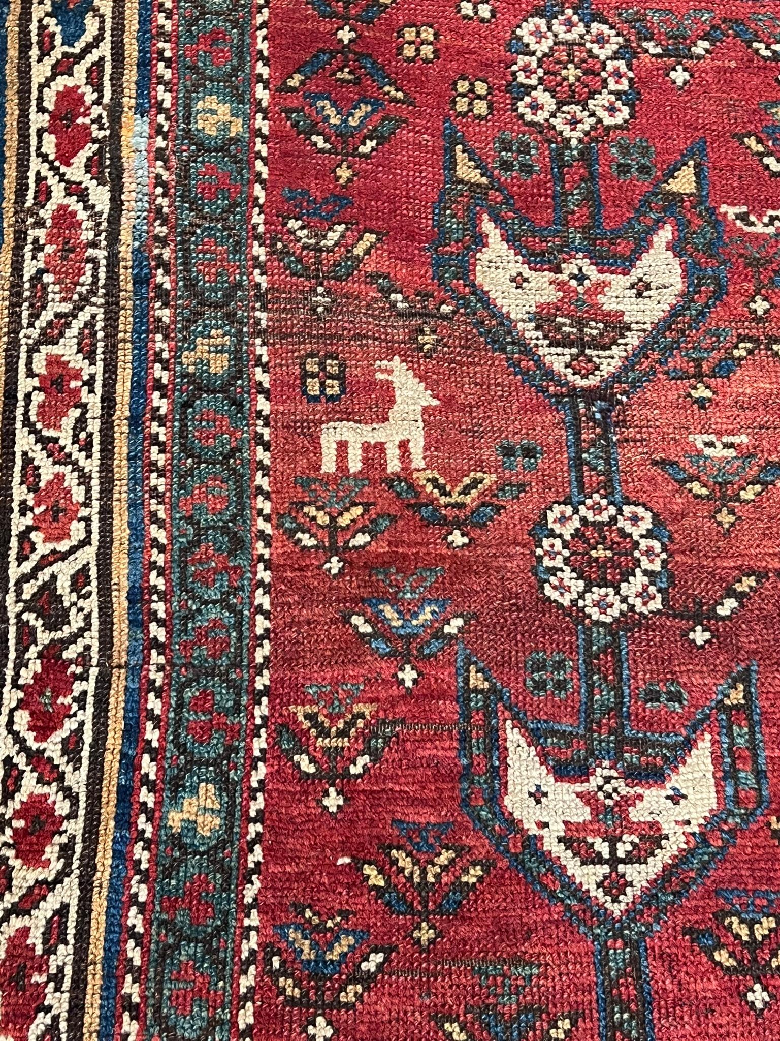 Tribal Shahsavan tribal manufacture carpet with red background and zoomorphic motifs For Sale