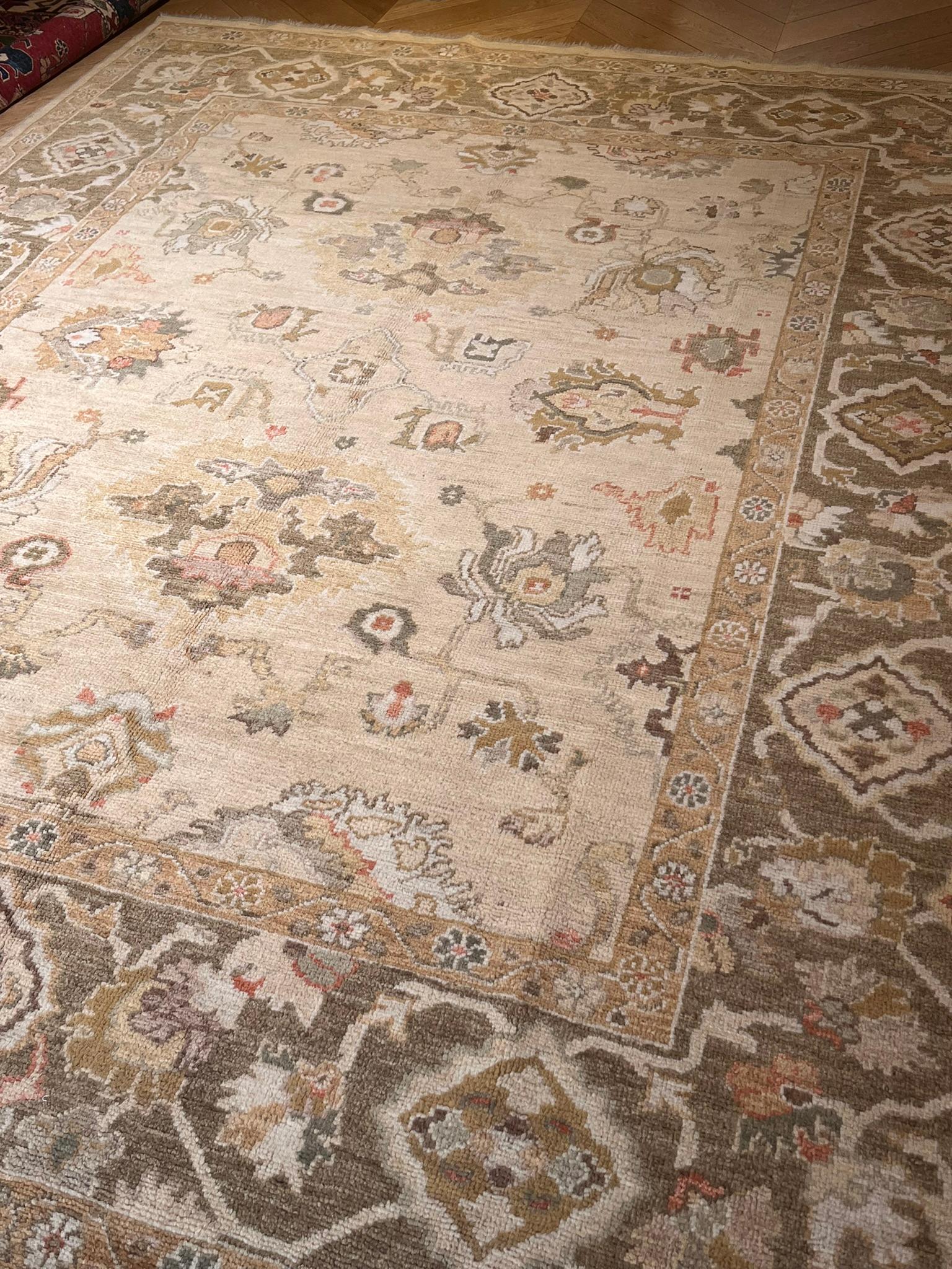 Light-colored background rug with rotten green border traditional design without medallion In New Condition For Sale In Firenze, IT
