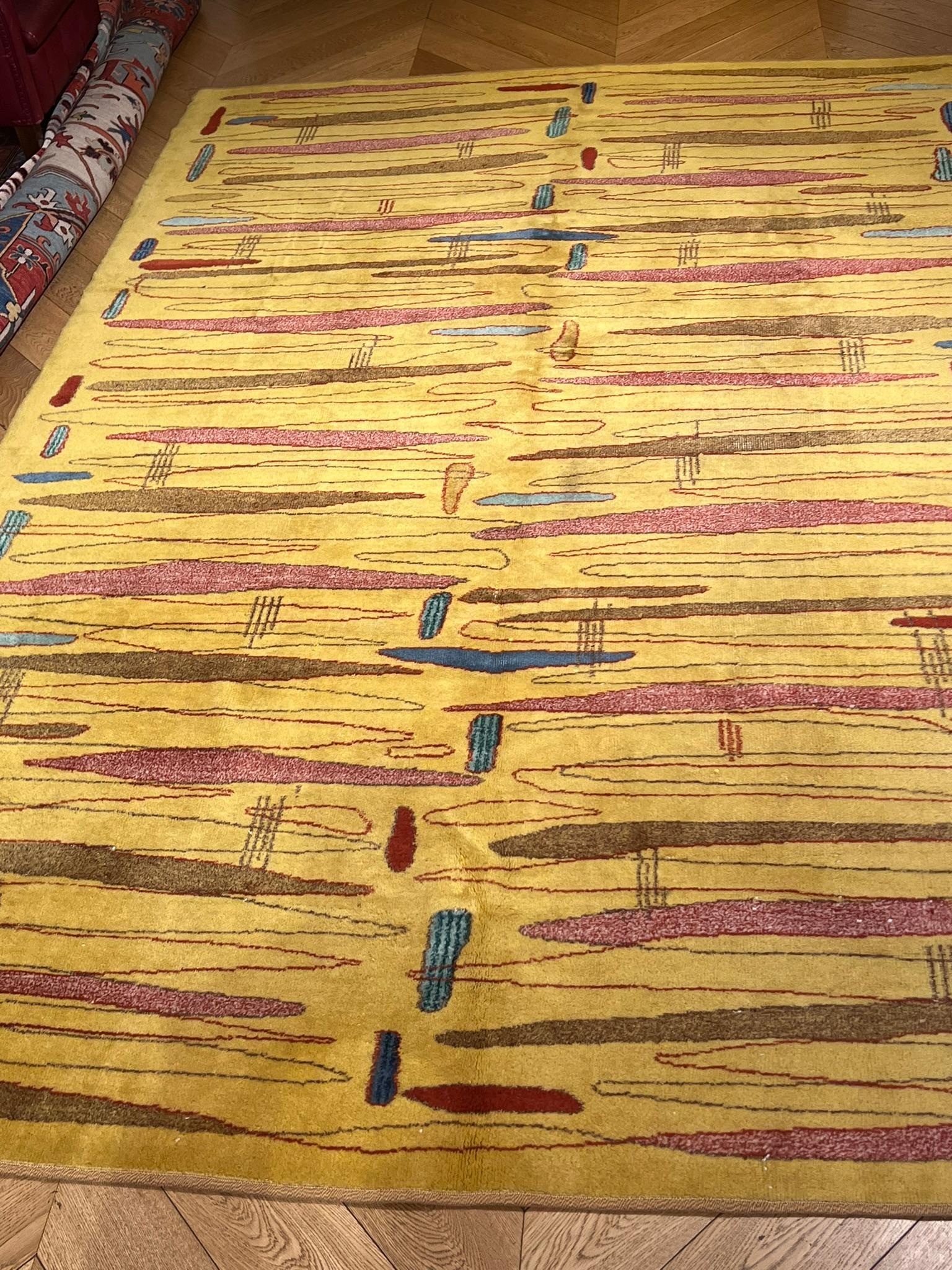 Mustard yellow rug with abstract designs of various colors designer ZEKI MUREN In Good Condition For Sale In Firenze, IT