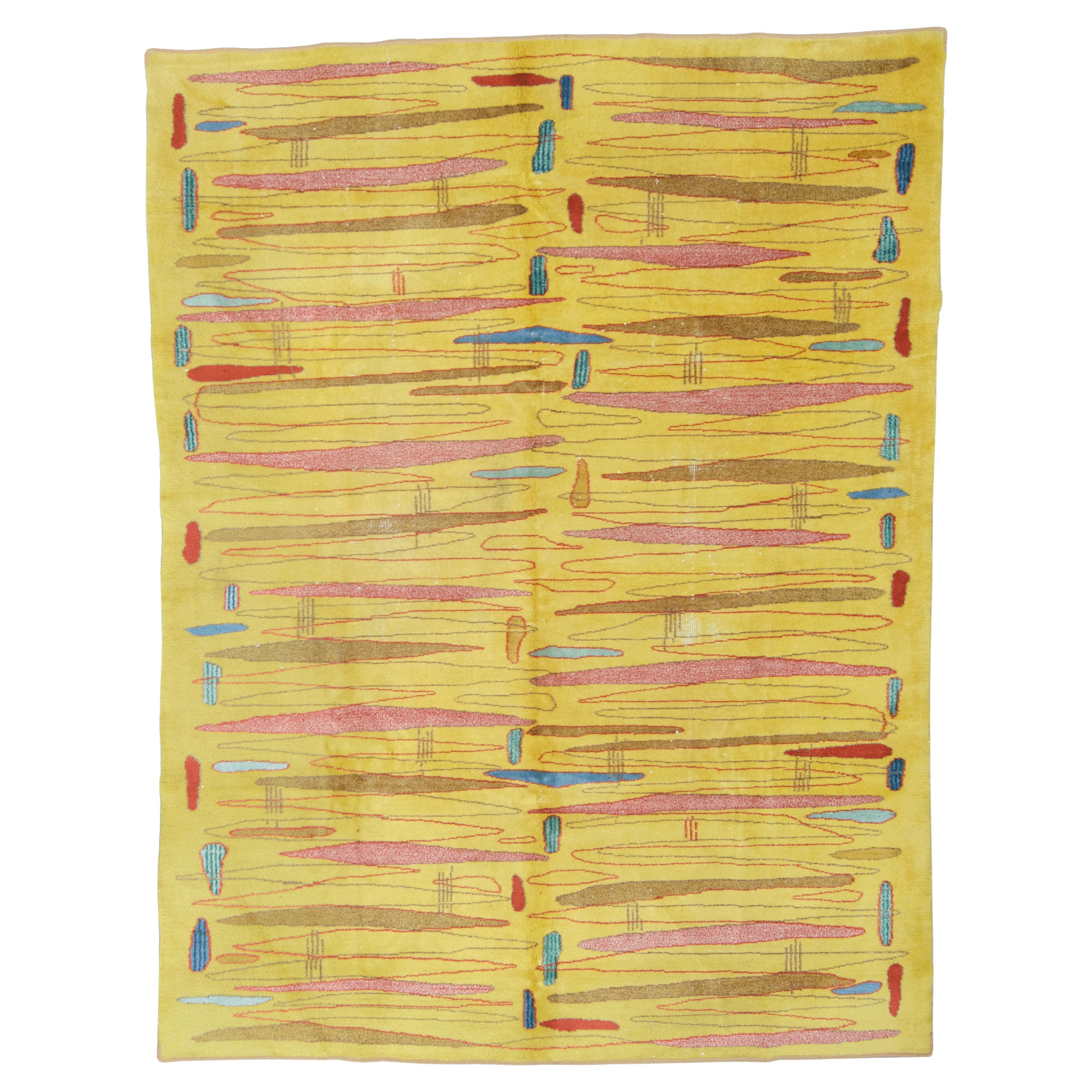 Mustard yellow rug with abstract designs of various colors designer ZEKI MUREN For Sale
