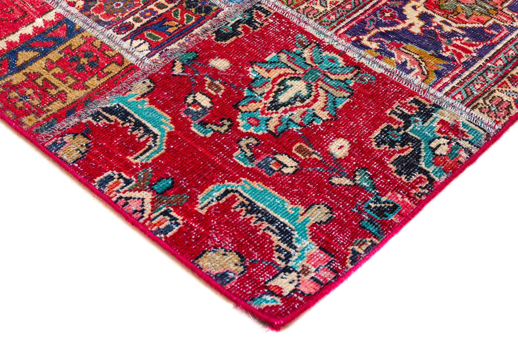 Vintage Persian Patchwork Rug.
A piece with unquestionable nomadic appeal, this prized vintage patchwork rug is disturbingly beautiful. The designs are varied and the colors on the shades of saffron and different tones of the orange scale. This item