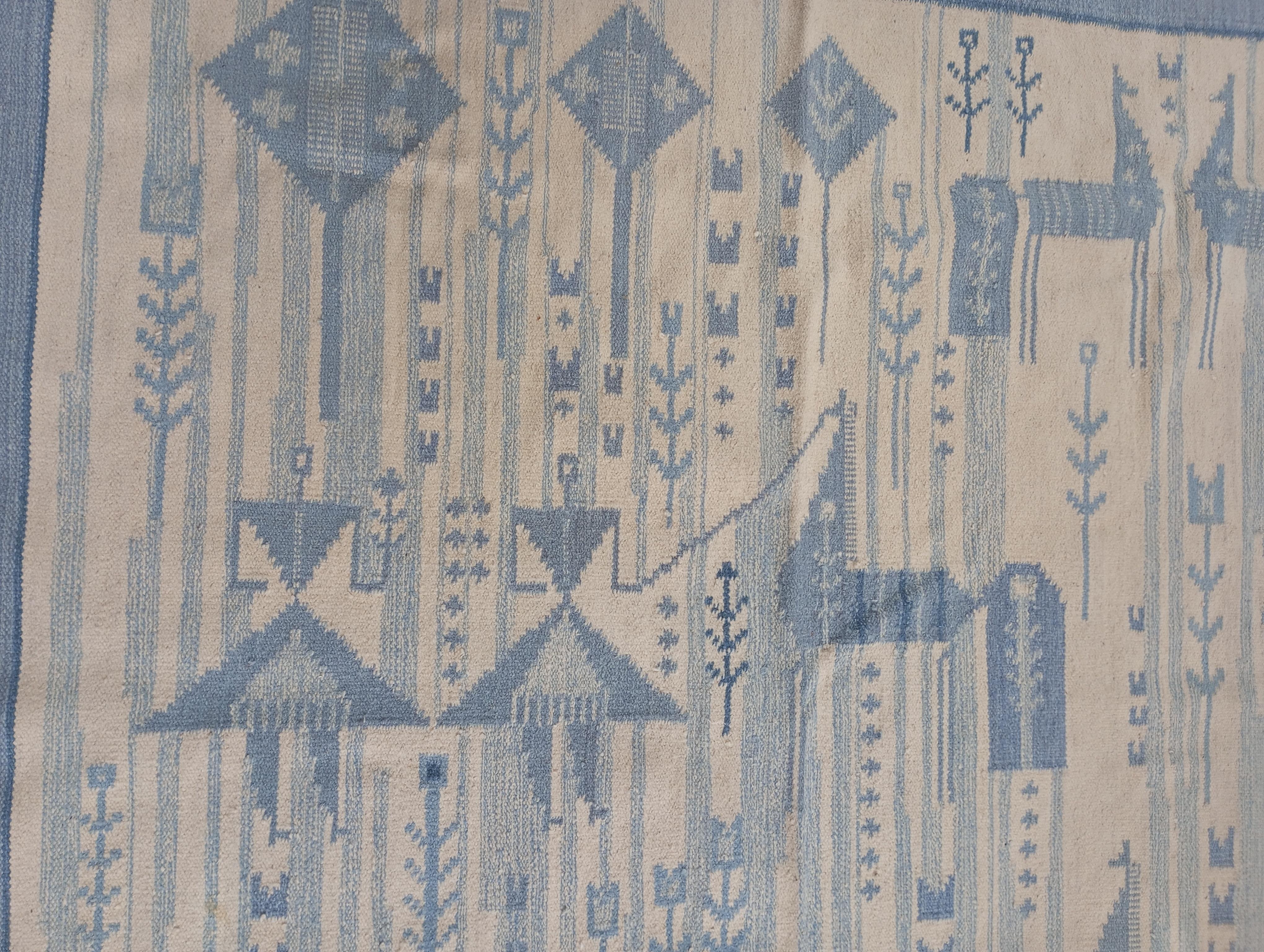 Rölakan wool rug with horses and girl. Swedish design, 1960s For Sale 5
