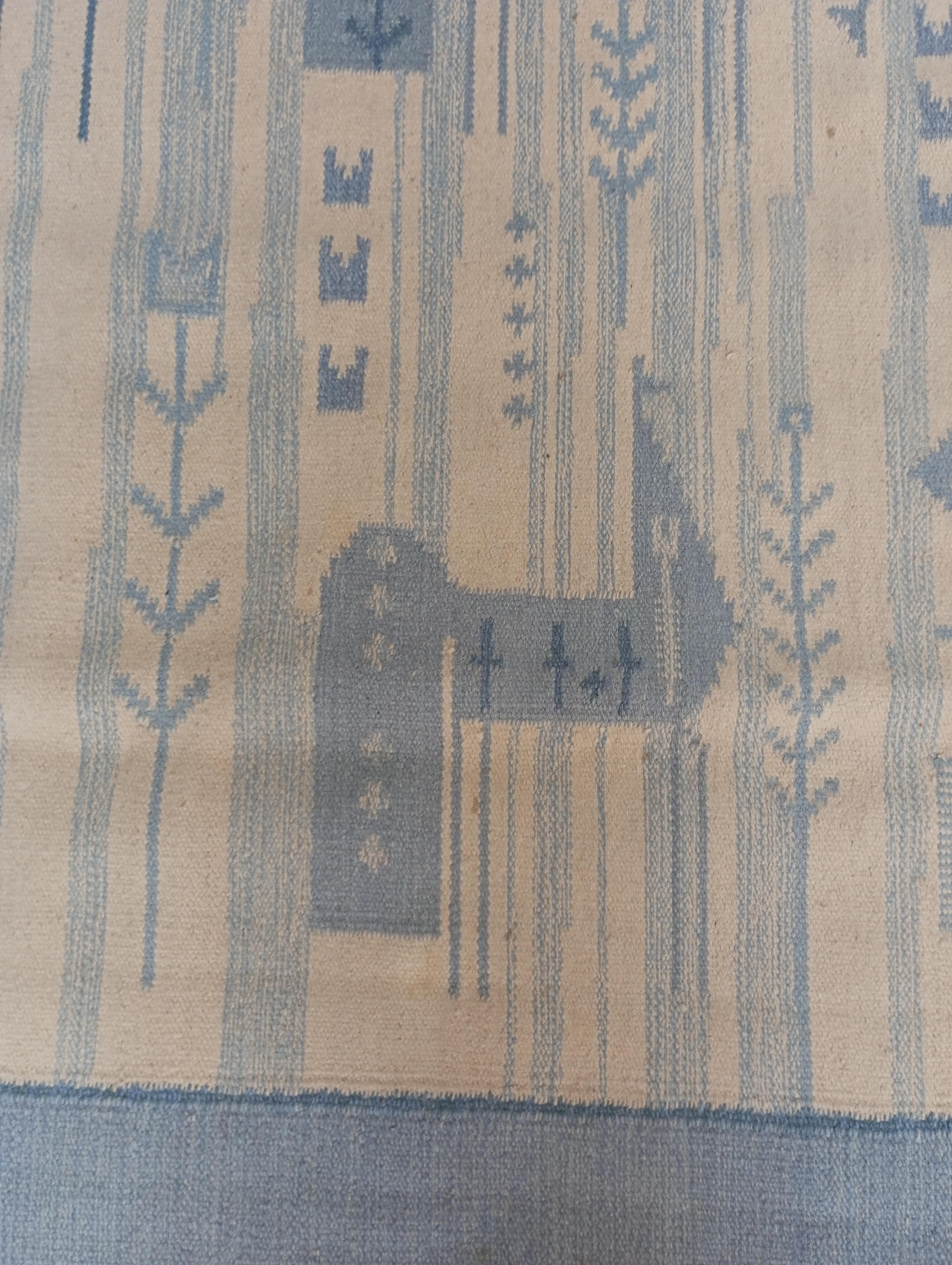 Hand-Crafted Rölakan wool rug with horses and girl. Swedish design, 1960s For Sale