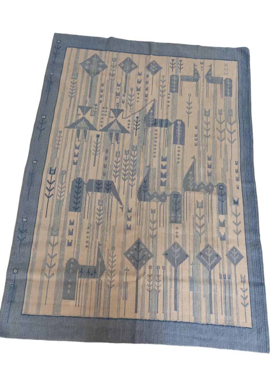 Wool Rölakan wool rug with horses and girl. Swedish design, 1960s For Sale