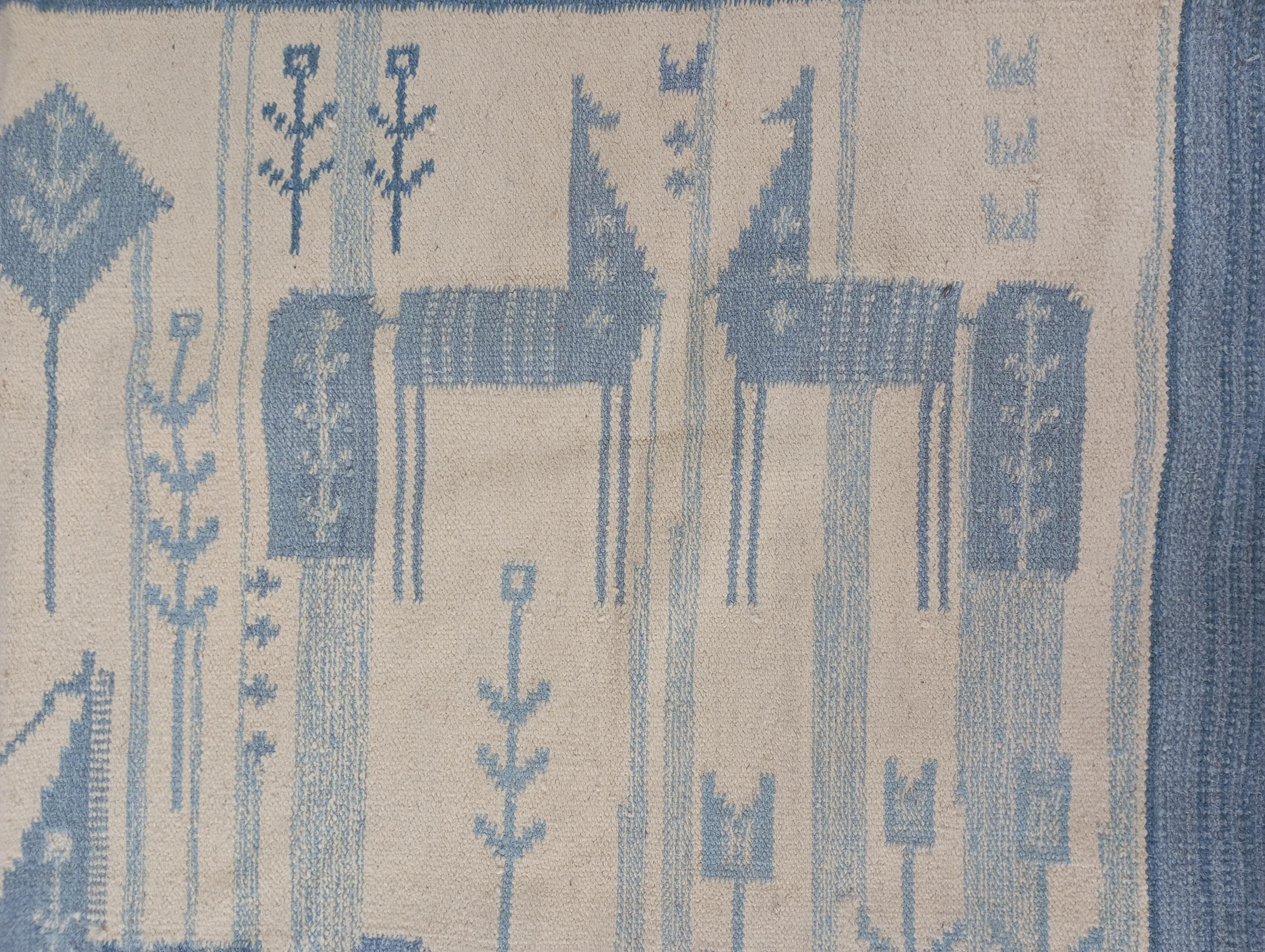 Rölakan wool rug with horses and girl. Swedish design, 1960s For Sale 2