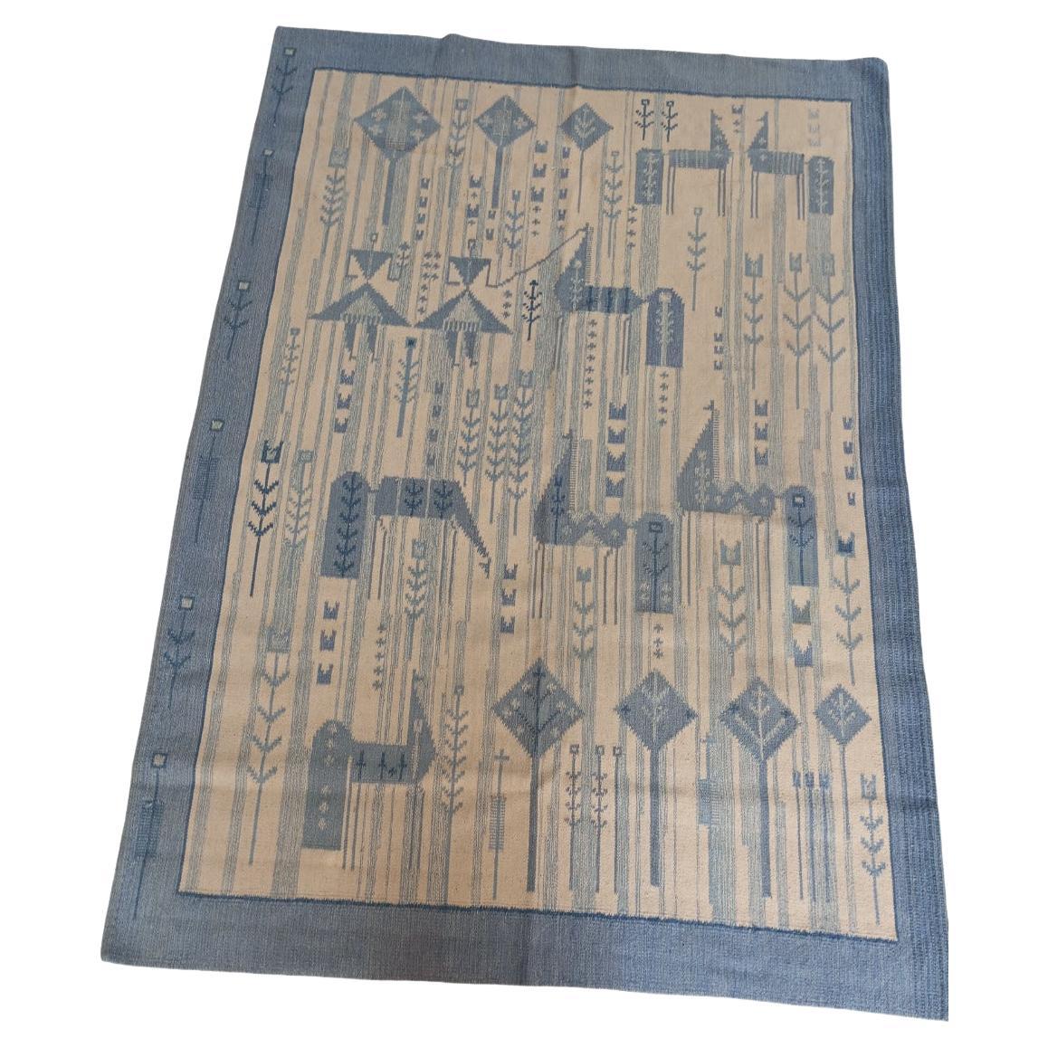 Rölakan wool rug with horses and girl. Swedish design, 1960s For Sale