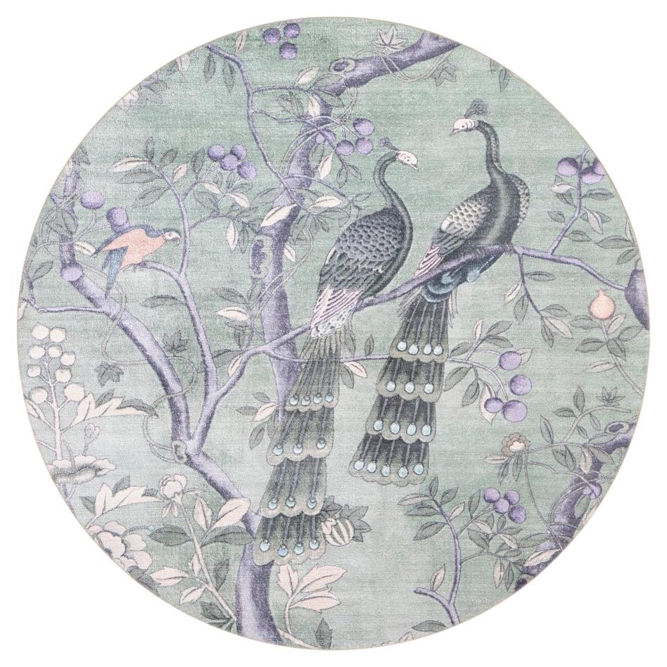 Tappeto rotondo disegno floreale giapponese azzurro by Deanna Comellini ø 200 cm For Sale