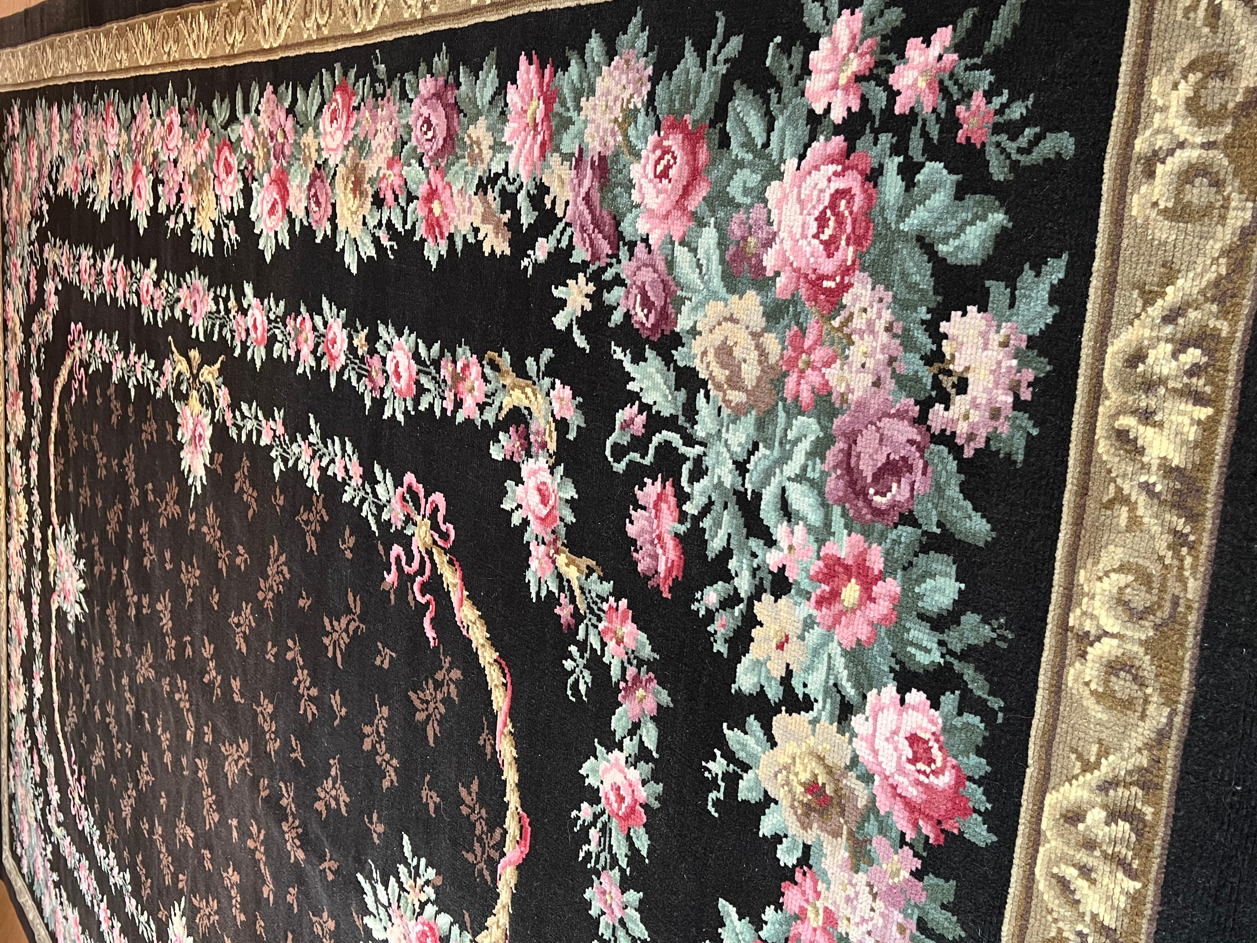 Wool Early 20th Century Savonerie Rug Decorated With Flower Garlands For Sale