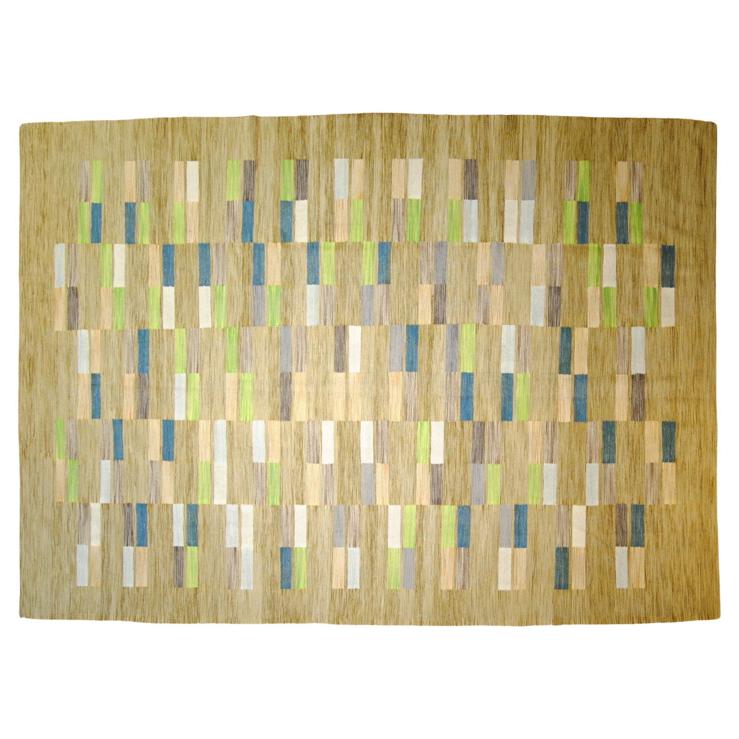 Woven flatweave rug in 1970s style vibrant colors begie blue green For Sale