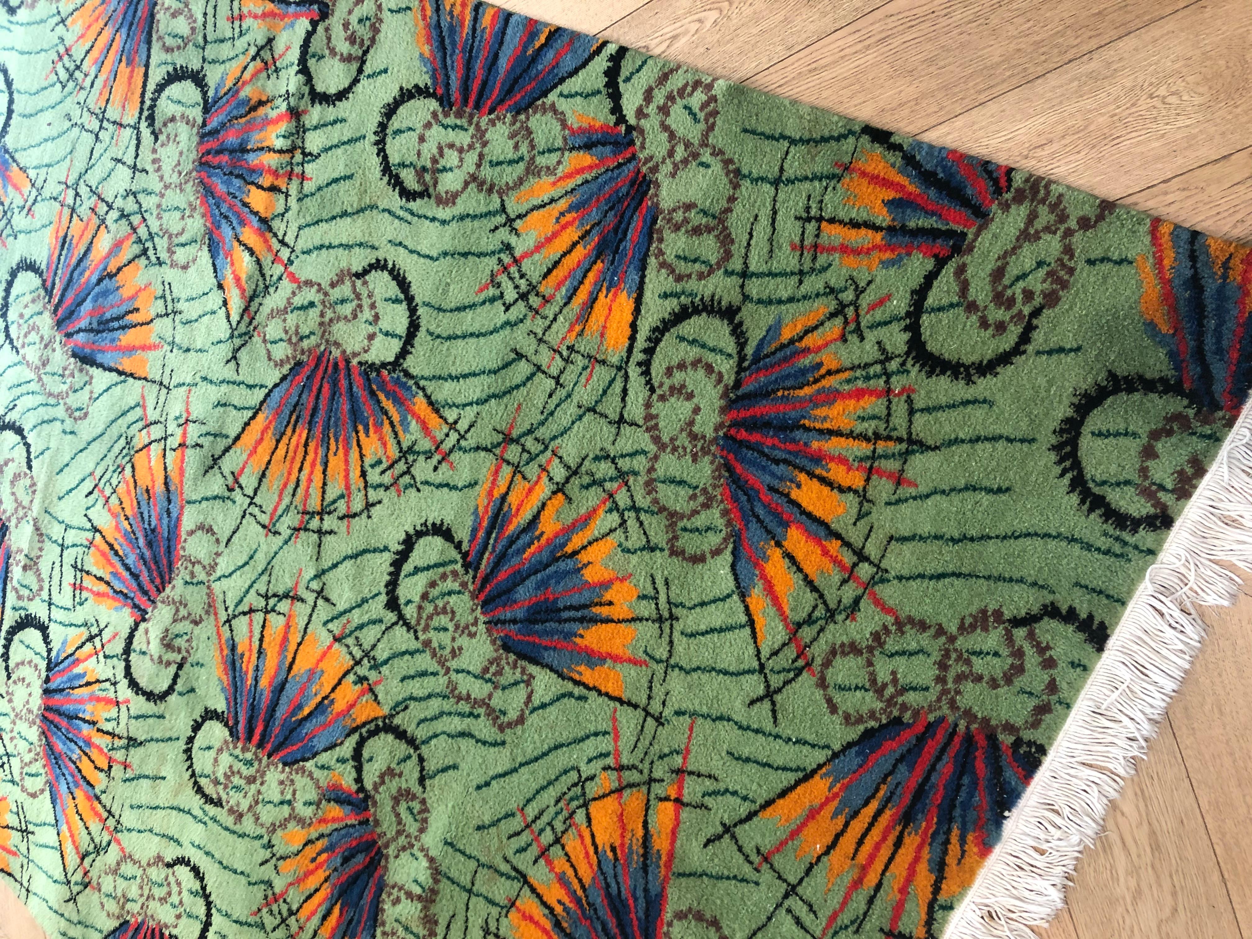 Wool Green and orange designer rug from the 1970s signed Zeki Muren  For Sale