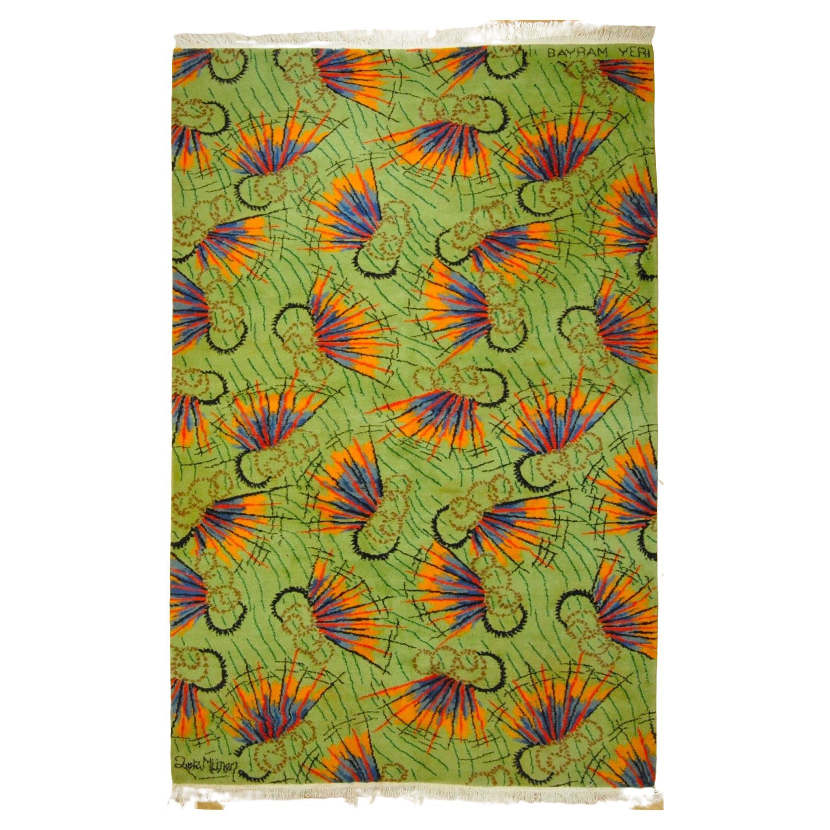 Green and orange designer rug from the 1970s signed Zeki Muren 