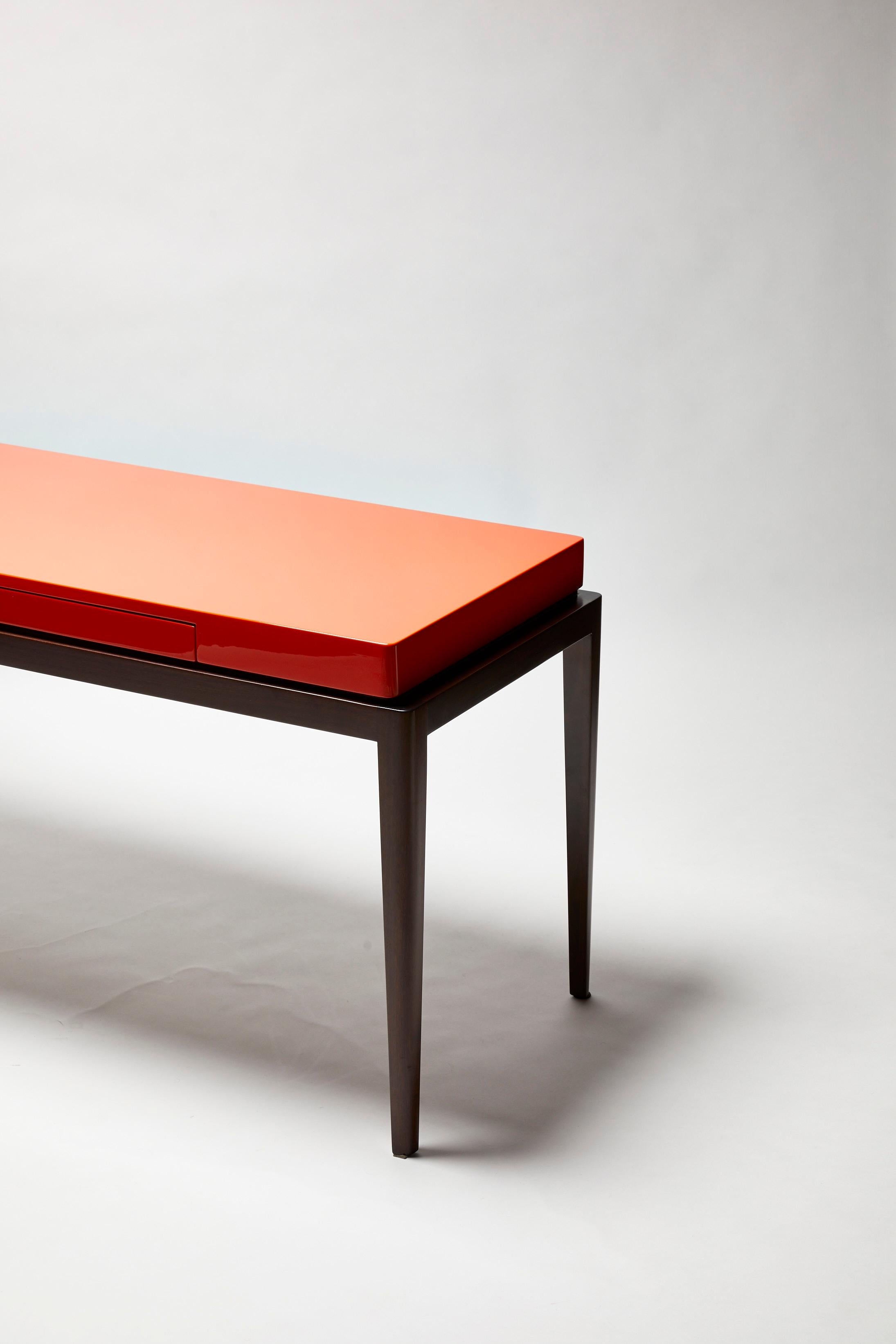 Lacquered Desk, TARA by Reda Amalou, 2019, Orange Lacquer Top, Walnut, 160cm For Sale