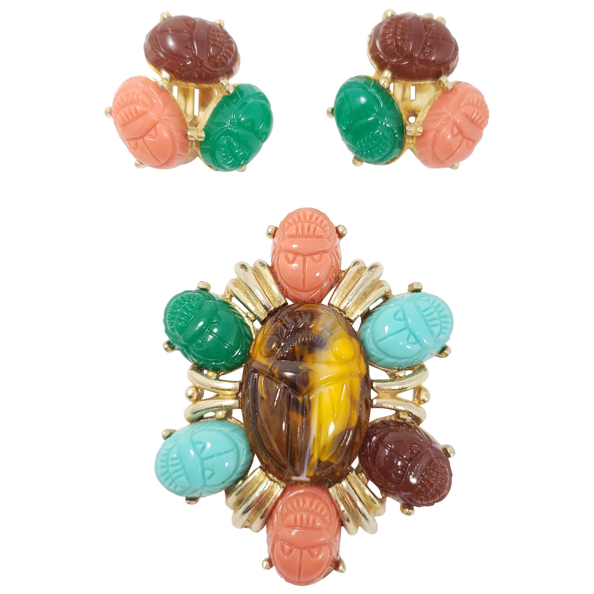 Tara Golden Scarab Cabochon Cluster Clip in Earrings and Pin Brooch