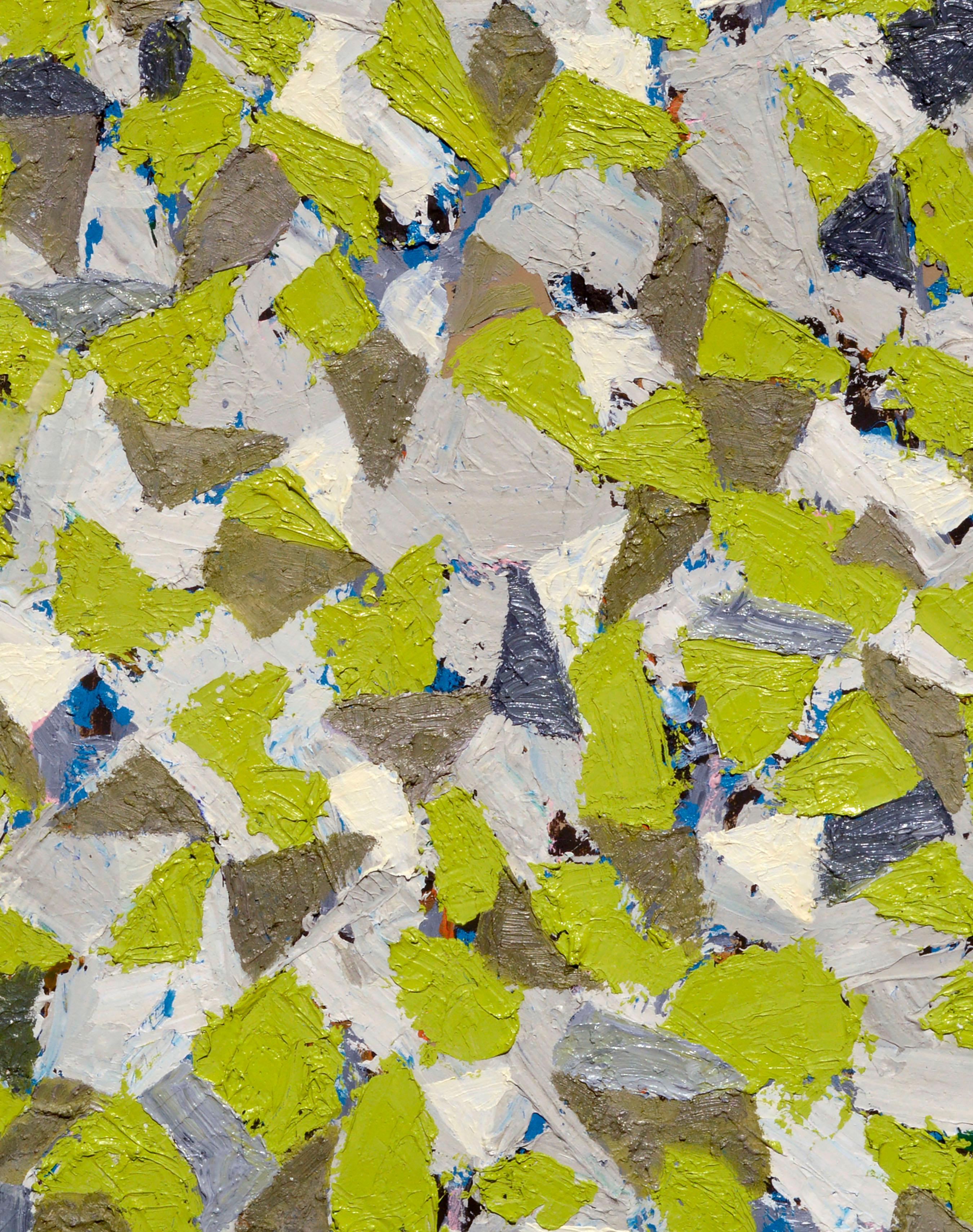 Composition géométrique abstraite verte et grise à l'huile sur toile - Painting de Tara McDonald