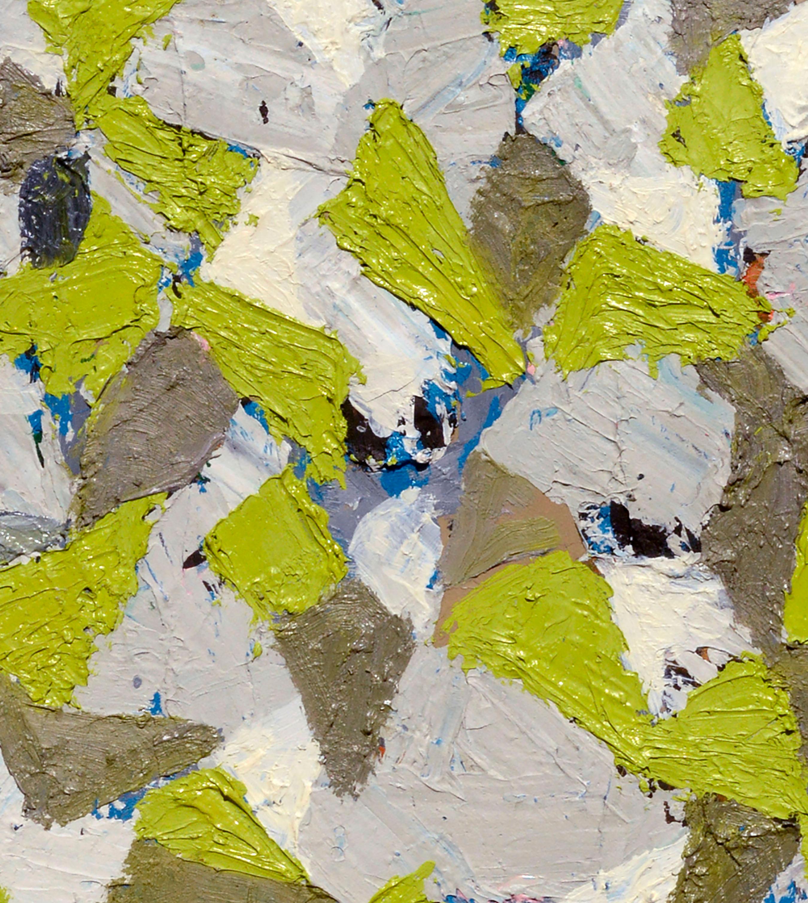 Composition géométrique abstraite verte et grise à l'huile sur toile - Abstrait Painting par Tara McDonald