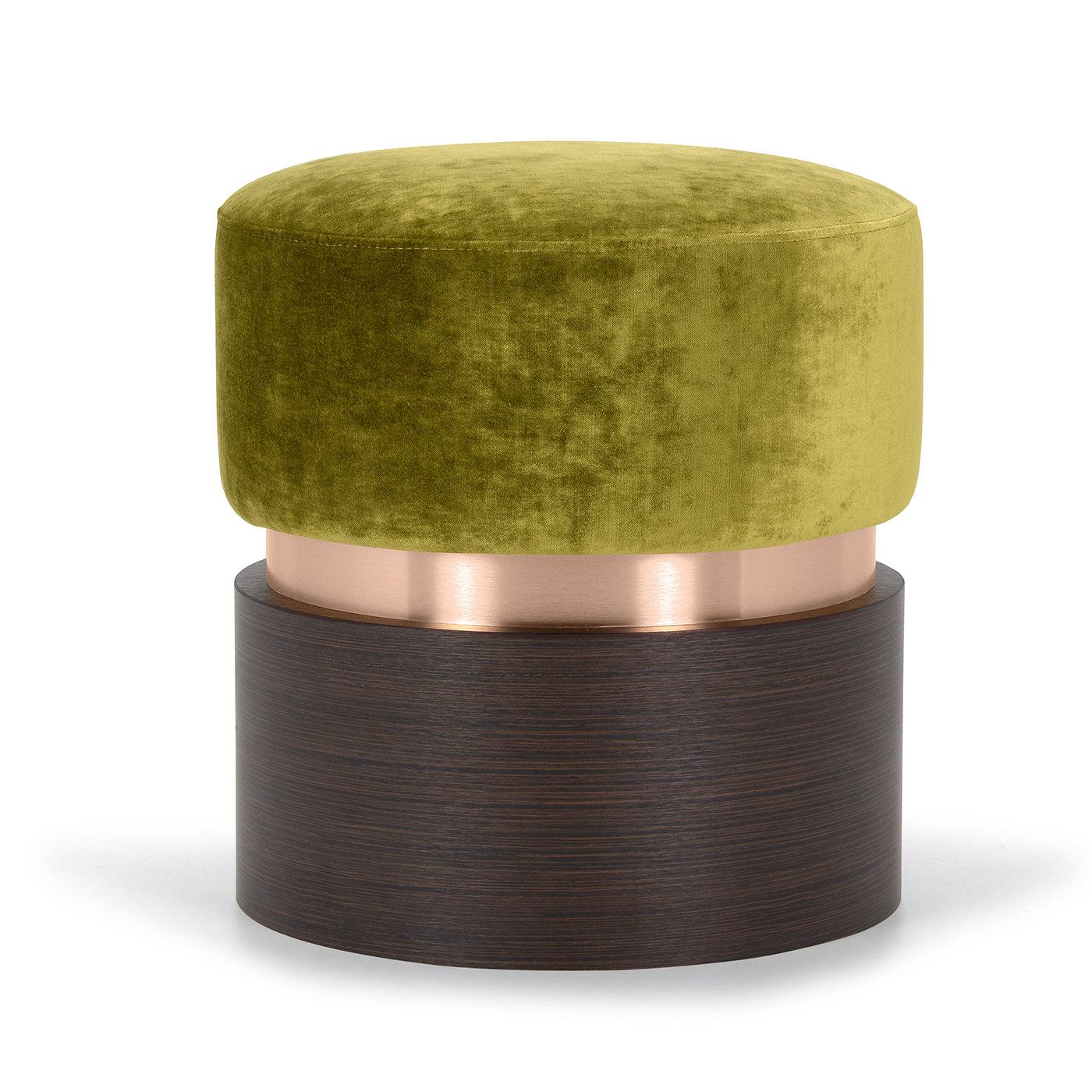 A striking combination of textures makes this handcrafted cylindrical pouf an ideal addition to elegant modern spaces. The plinth base in wenge-finished laminate embraces the laminate section distinguished by a luminous, satin copper finish that is