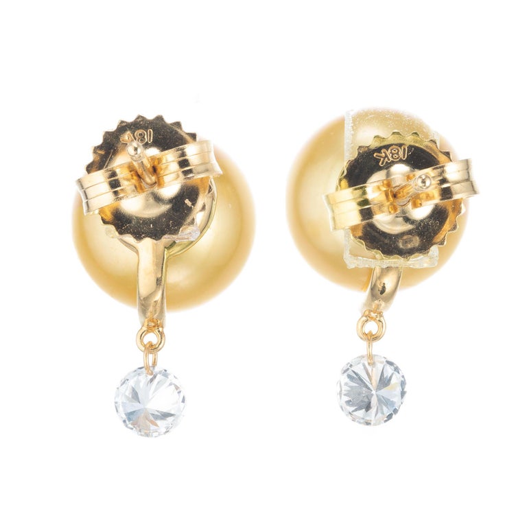 Round Cut Tara T & S .40 Carat Diamond Golden Cultured Pearl Yellow Gold Dangle Earrings For Sale