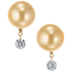 Tara T & S .40 Carat Diamond Golden Cultured Pearl Yellow Gold Dangle Earrings