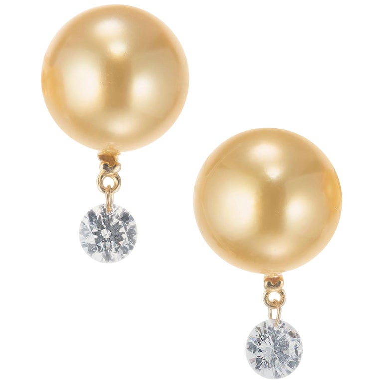 Tara T & S .40 Carat Diamond Golden Cultured Pearl Yellow Gold Dangle Earrings For Sale