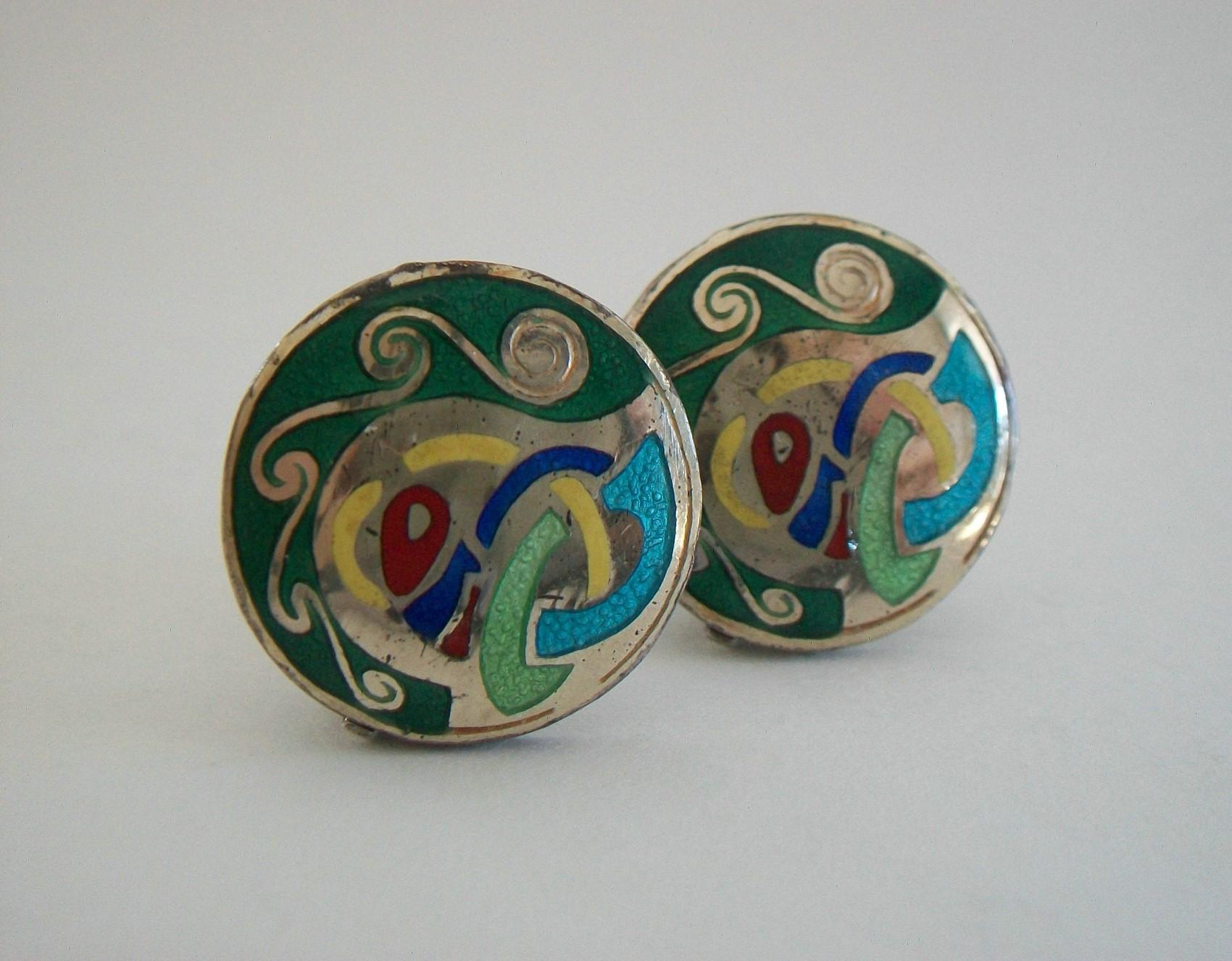 Arts and Crafts Tara Ware, Celtic Sterling Silver & Enamel Ear Clips, Ireland, circa 1965 For Sale