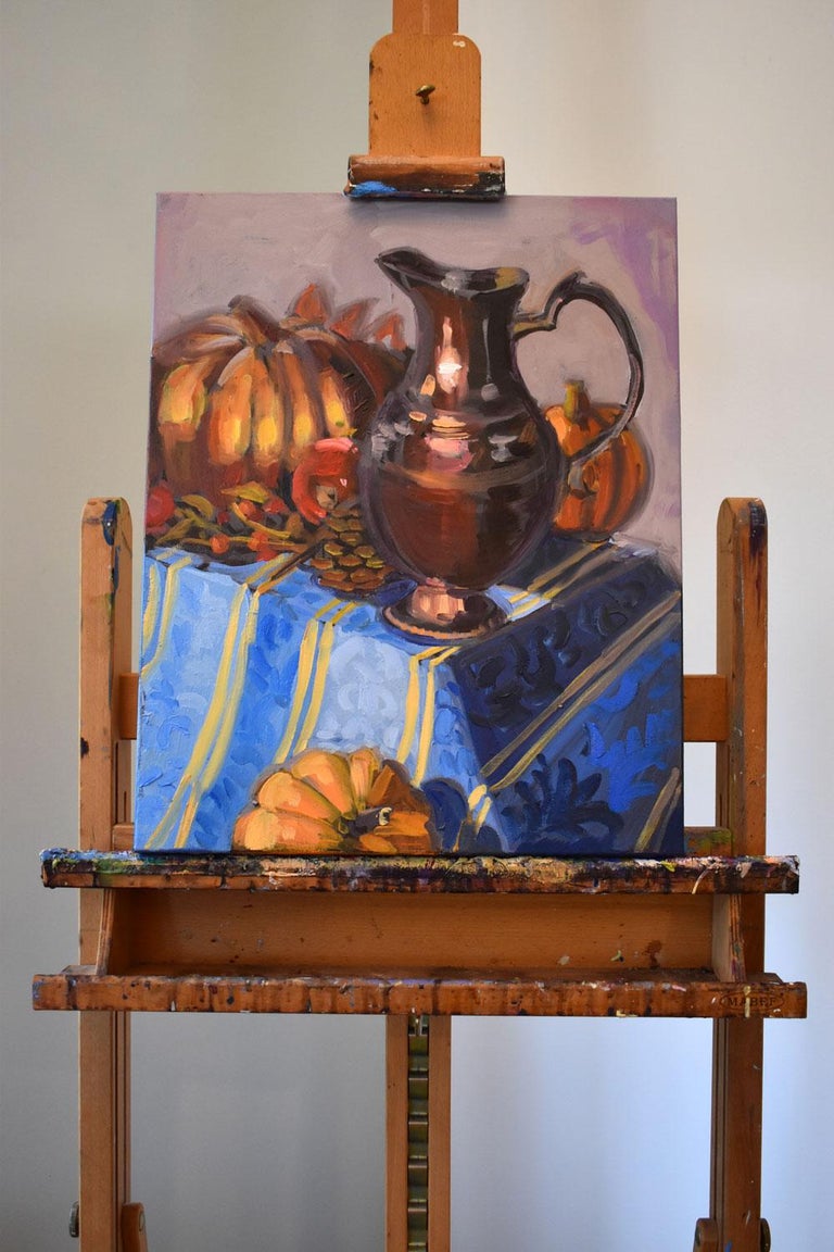 <p>Artist Comments<br>Artist Tara Zalewsky-Nease depicts a still life of golden-hued pumpkins, apples, and pinecones. A copper pitcher stands on the corner of the table, reflecting the other elements on its polished surface. Its thick, expressive