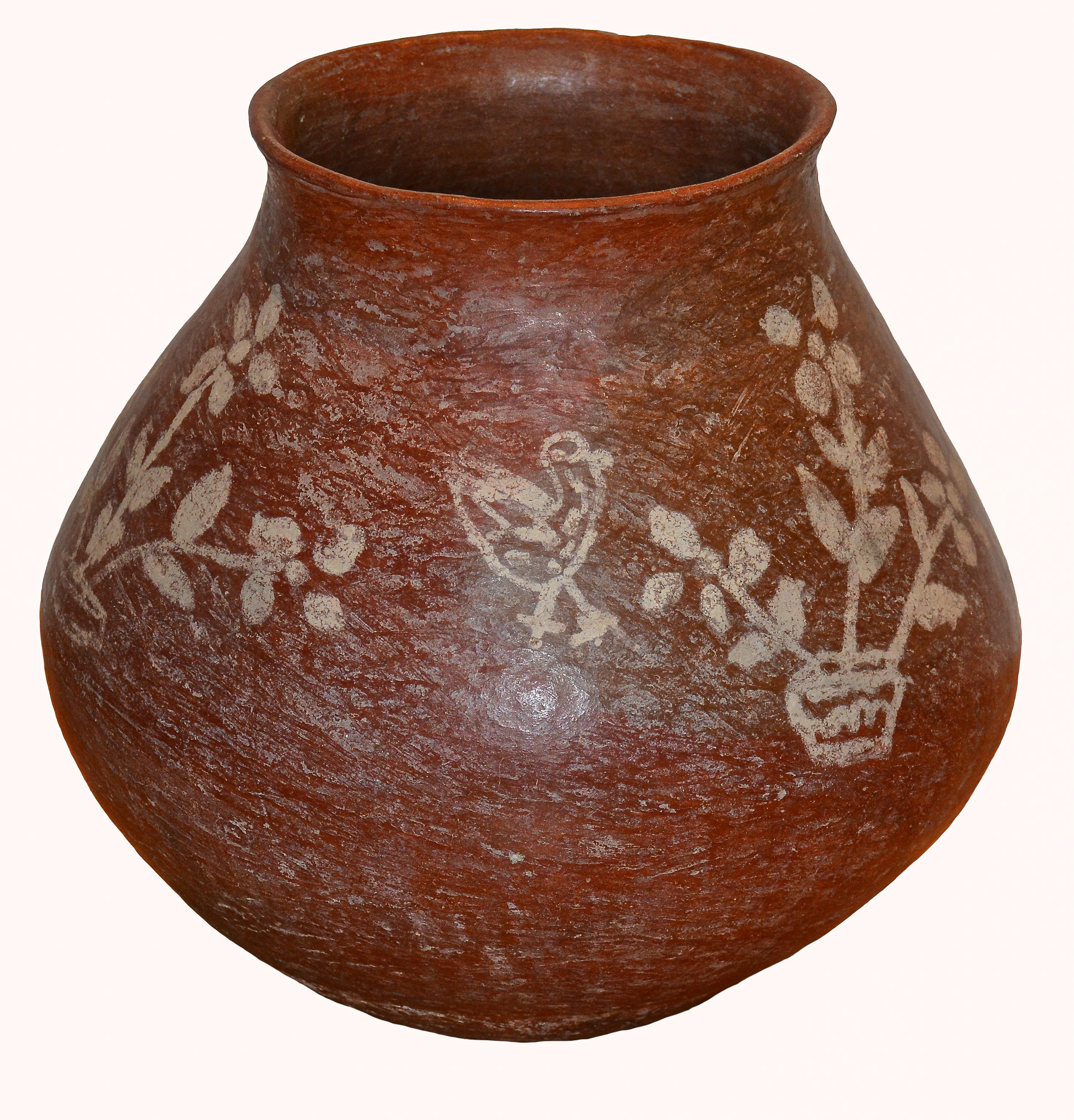 Bote de agua de barro rojo de los indios tarahumaras decorado con pájaros y diseños florales nativo estadounidense en venta