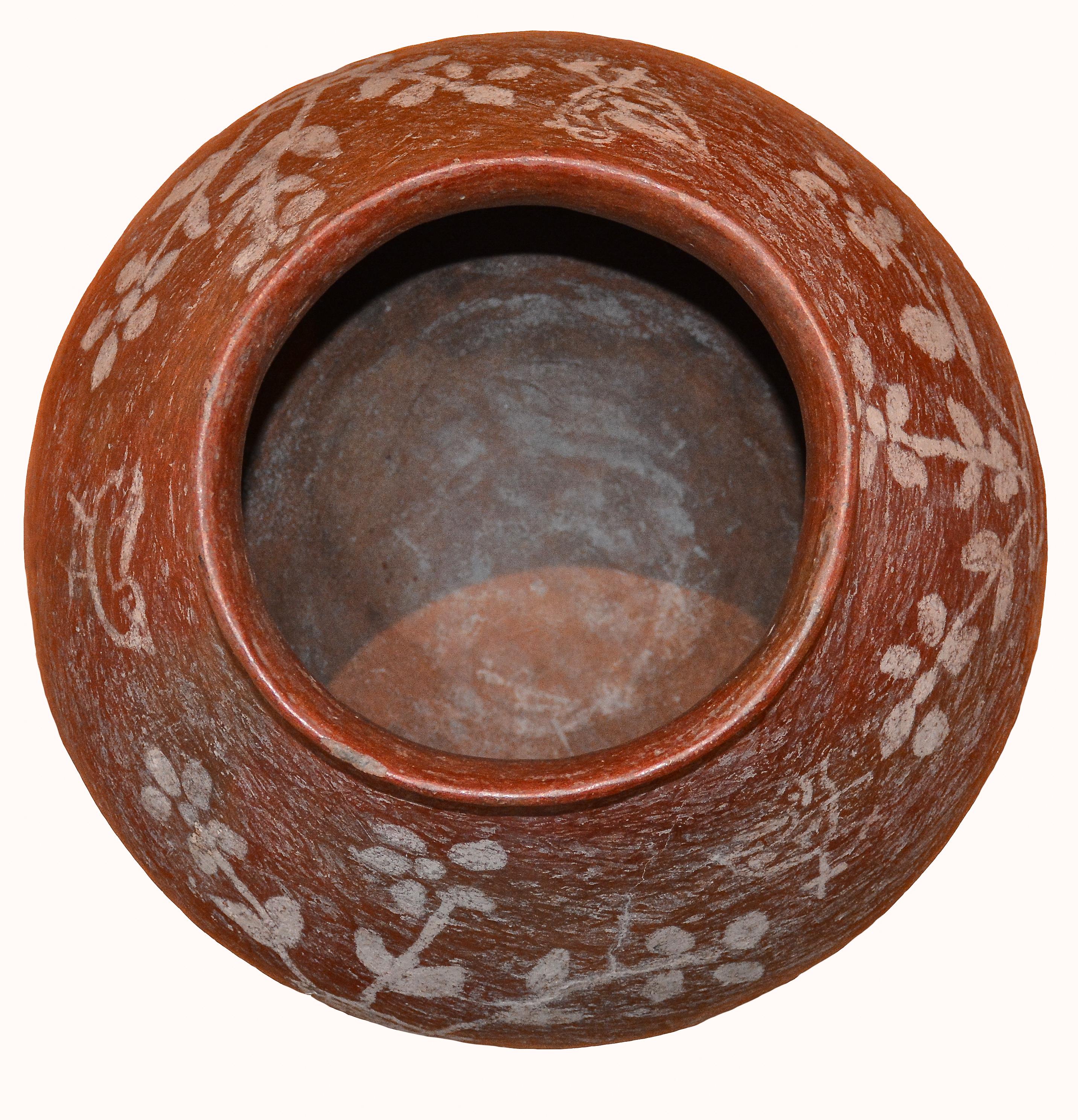 Mexican Tarahumara Indian Red Clay Water Pot Decorated with Birds and Floral Designs For Sale