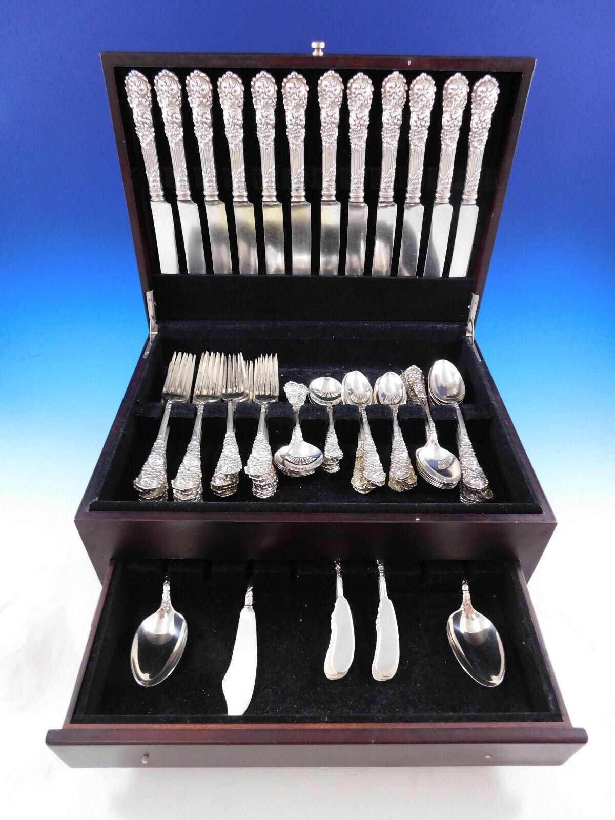 Reed & Barton's rare Trajan Sterling Silver Flatware beautifully captures ornate, old world elegance. Each piece is lavishly decorated with rococo scrolls, leaves, and flowers.

Superb Trajan by Reed and Barton sterling silver flatware set with