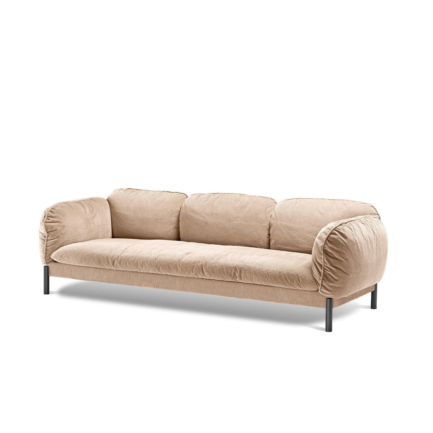 A modern interpretation of an elegant and classic design, this splendid three-seat sofa will make a refined addition to a contemporary interior. Resting on black satin-finished cylindrical feet, it boasts a comfortable, welcoming silhouette that is