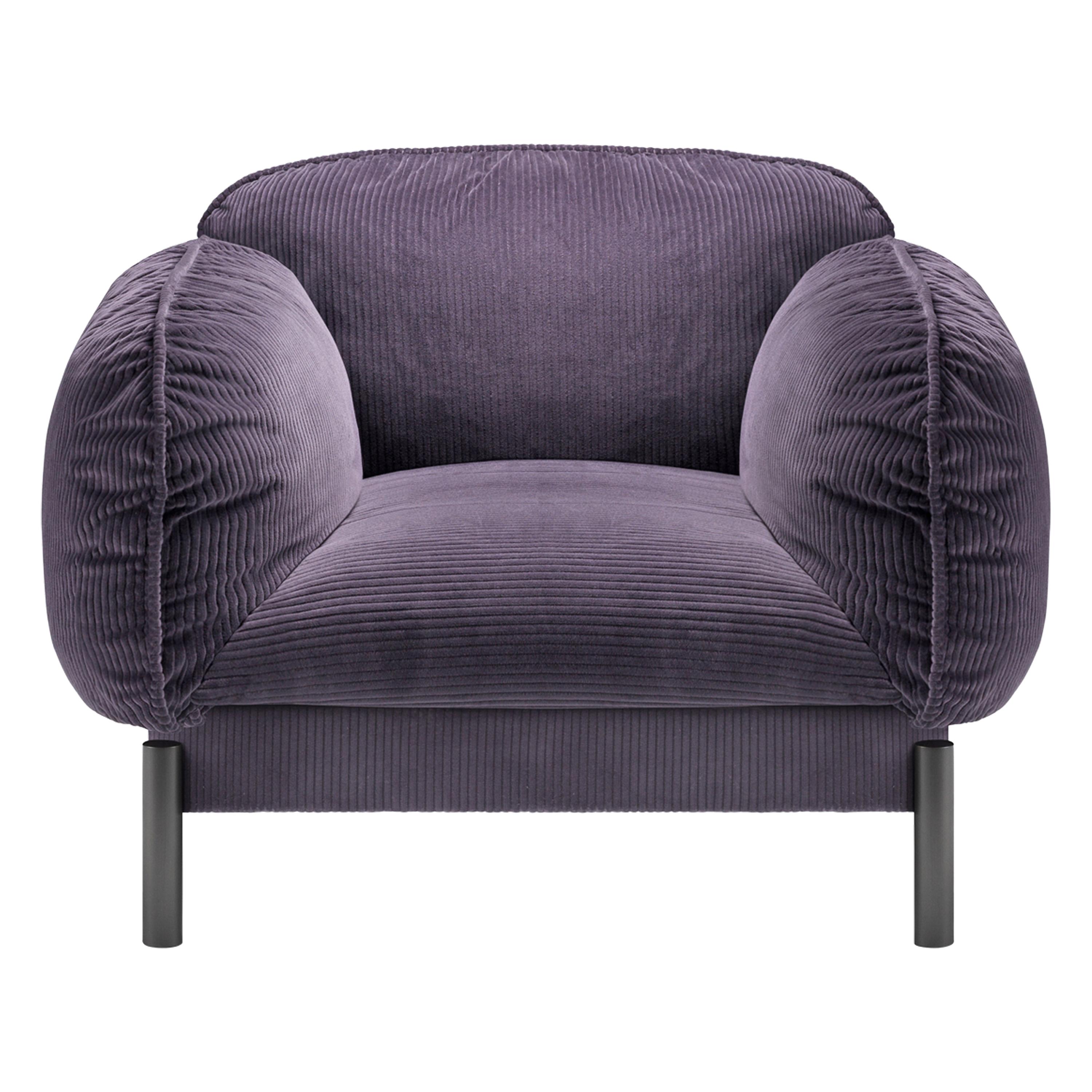 Tarantino Lounge Chair in Purple Fabric with Black Gold Legs For Sale