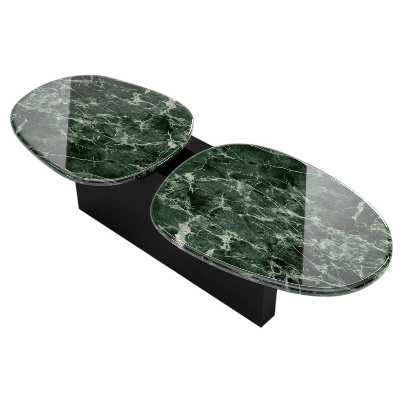 Taras Contemporary Premium Green Marble and Wood Coffee Table, Made in Italy