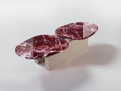 Taras Contemporary Rosso Levanto Marble and Wood Coffee Table, Made in Italy