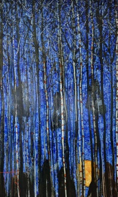 Azure Grove, dipinto paesaggistico astratto, olio su tela, 2023