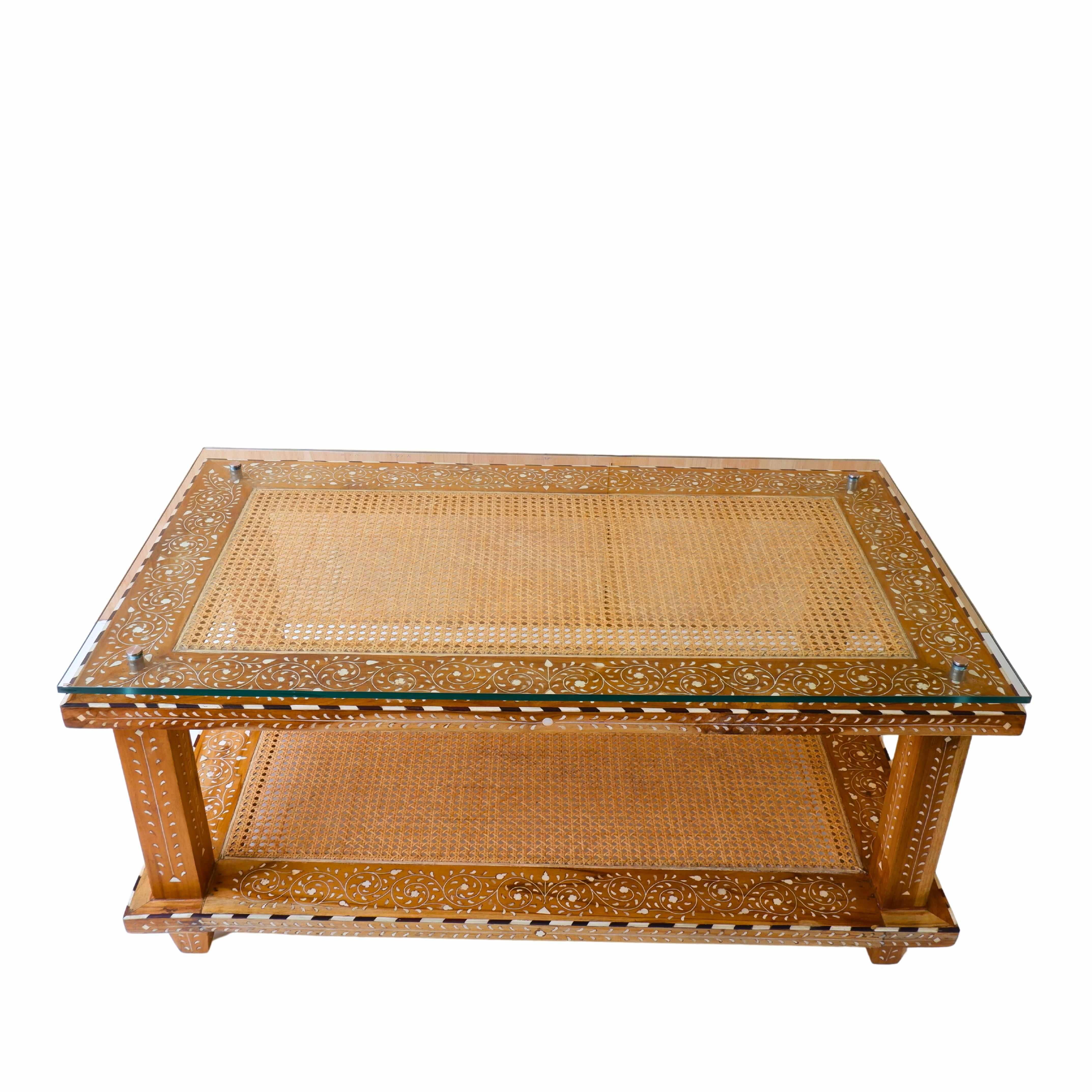 Indian  Tarasha Rattan Solid Wood Bone Inlay Coffee Table For Sale