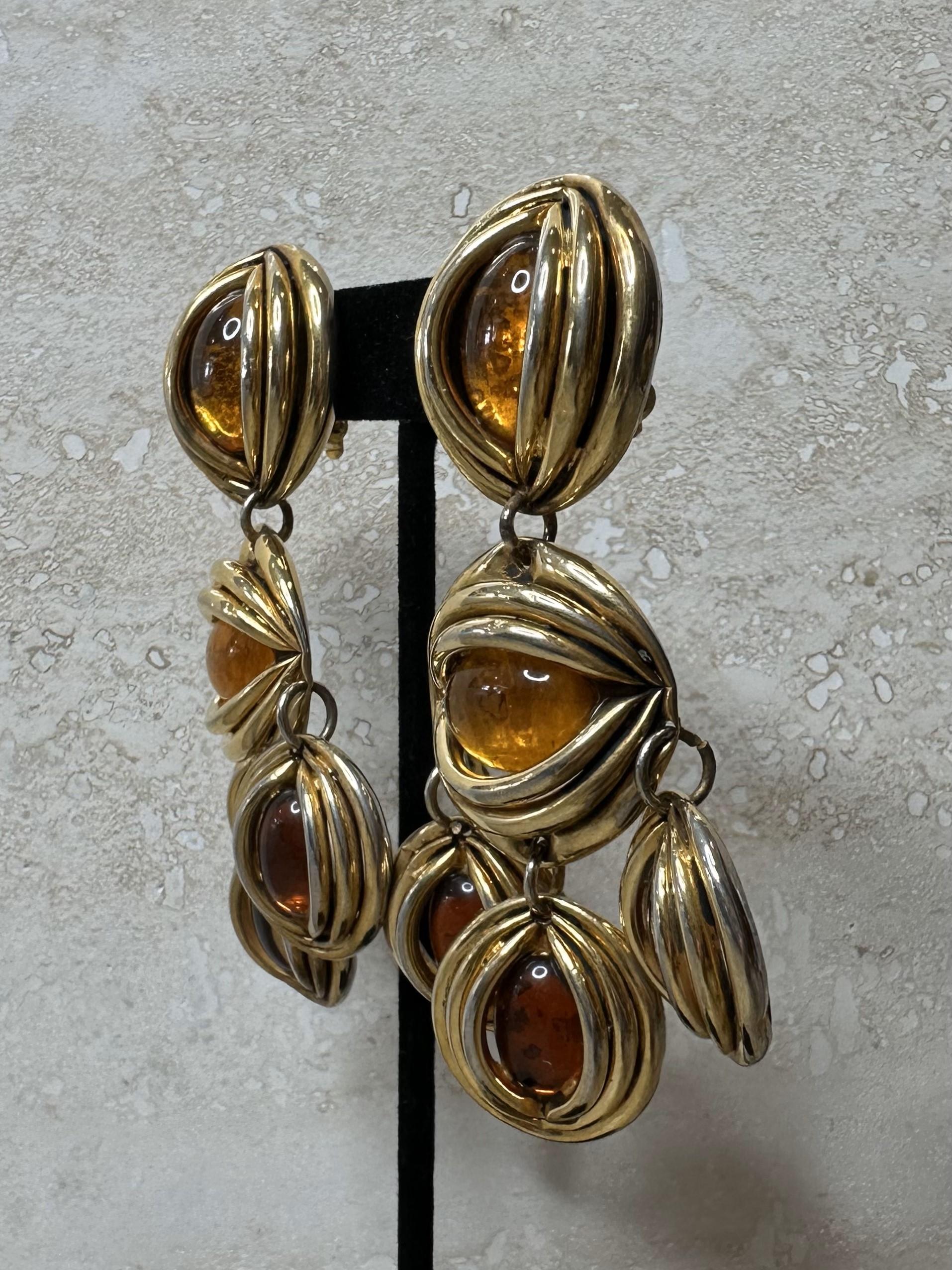 Art Deco Taratata France Gold Amber Drop Clip on Earrings For Sale