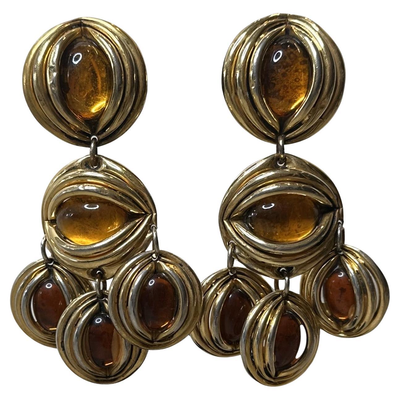 Taratata France Gold Amber Drop Clip on Earrings For Sale