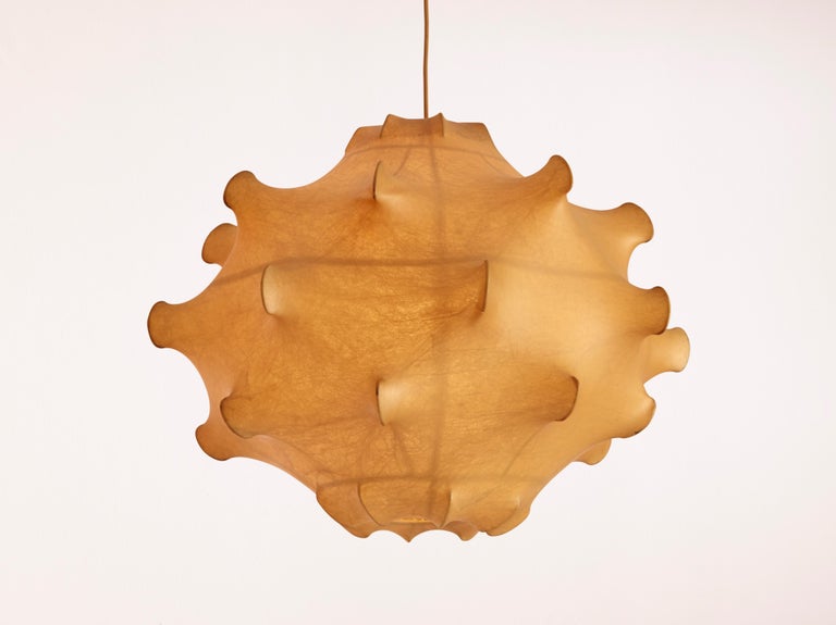 An original and in excellent condition Taraxacum cocoon suspension lamp designed in the 1960 by Achille and Pier Giacomo Castiglioni and manufactured by Flos in the same period.

With this pendant light the Castiglioni brothers explore the