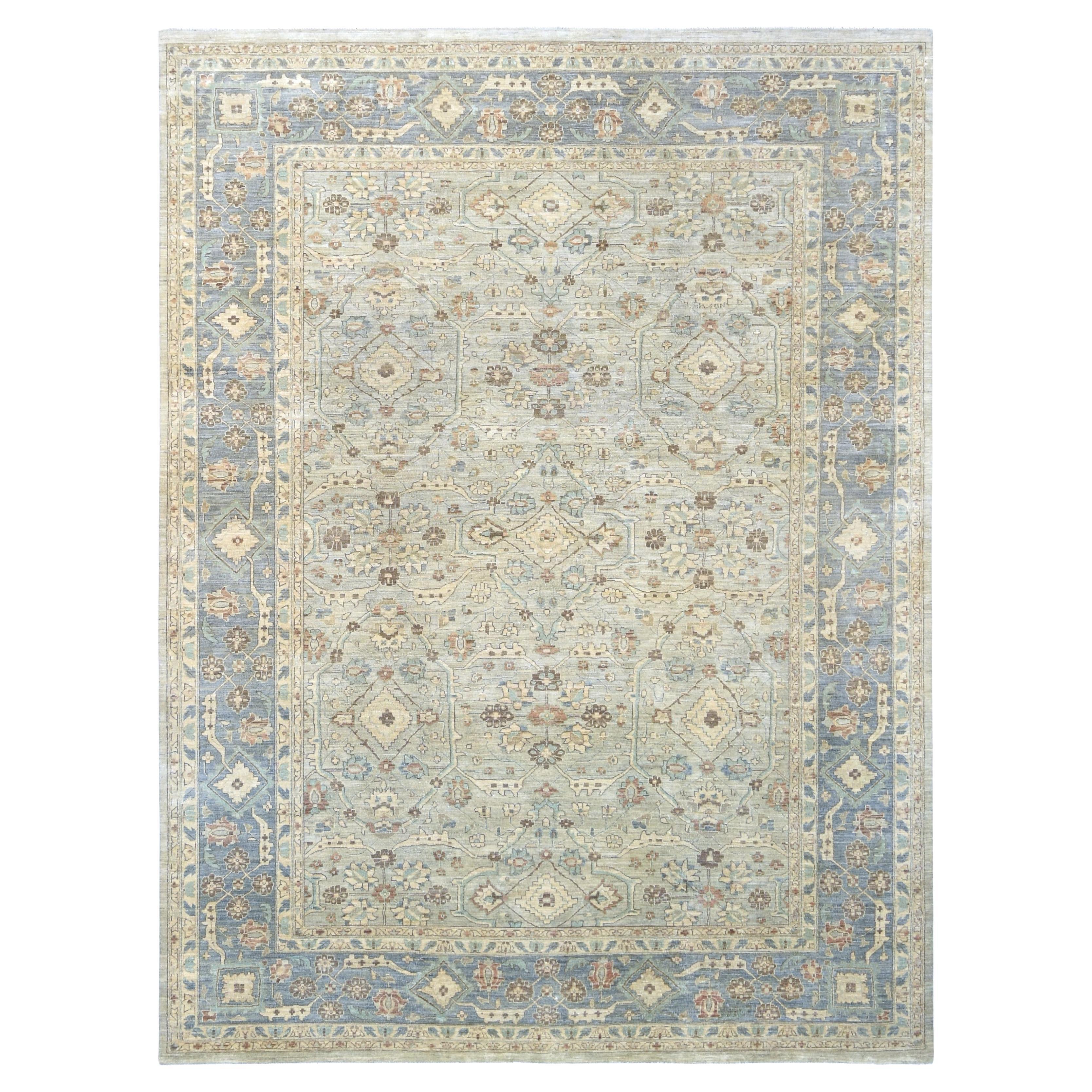 Tarbiz-Muster in Blau Grün und Elfenbein Wollteppich 8'9''x12'