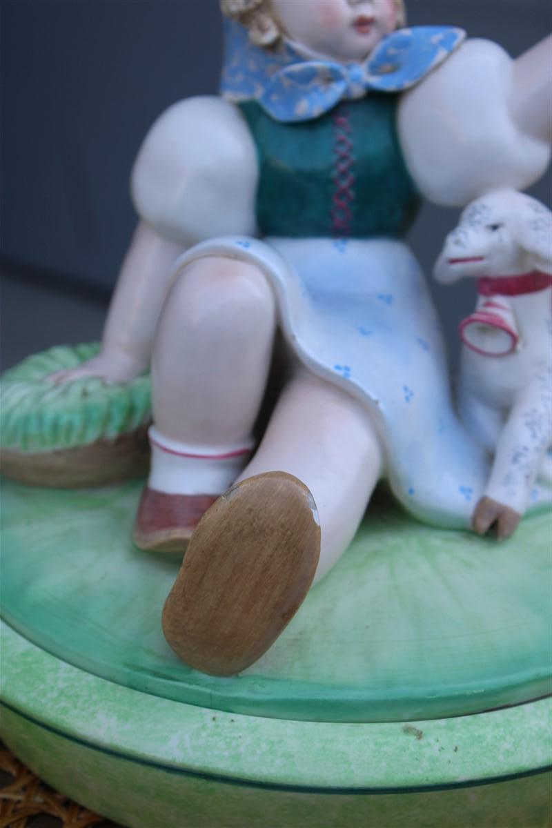 Mid-20th Century Tarcisio Tosin Italian Ceramic Box 1930s with Little Girl and Goat For Sale