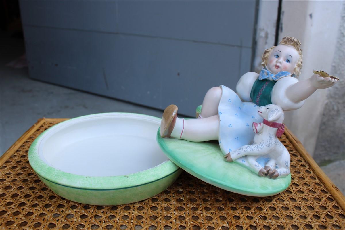 Tarcisio Tosin Italian Ceramic Box 1930s with Little Girl and Goat For Sale 2