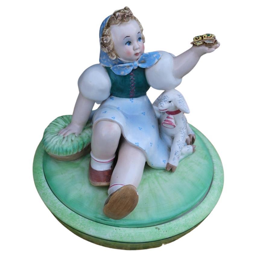 Tarcisio Tosin Italian Ceramic Box 1930s with Little Girl and Goat For Sale