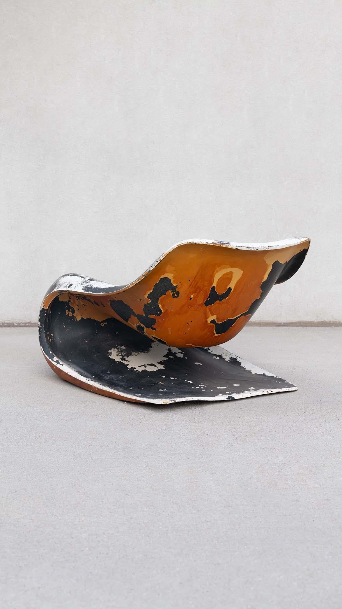 Organic yet purposeful lines make up the form of this Targa chair designed by Klaus Uredat for Horn collection. A truly rare chair available in a one of a kind finish from years of use and repainting. The patina adds a unique appeal to an already