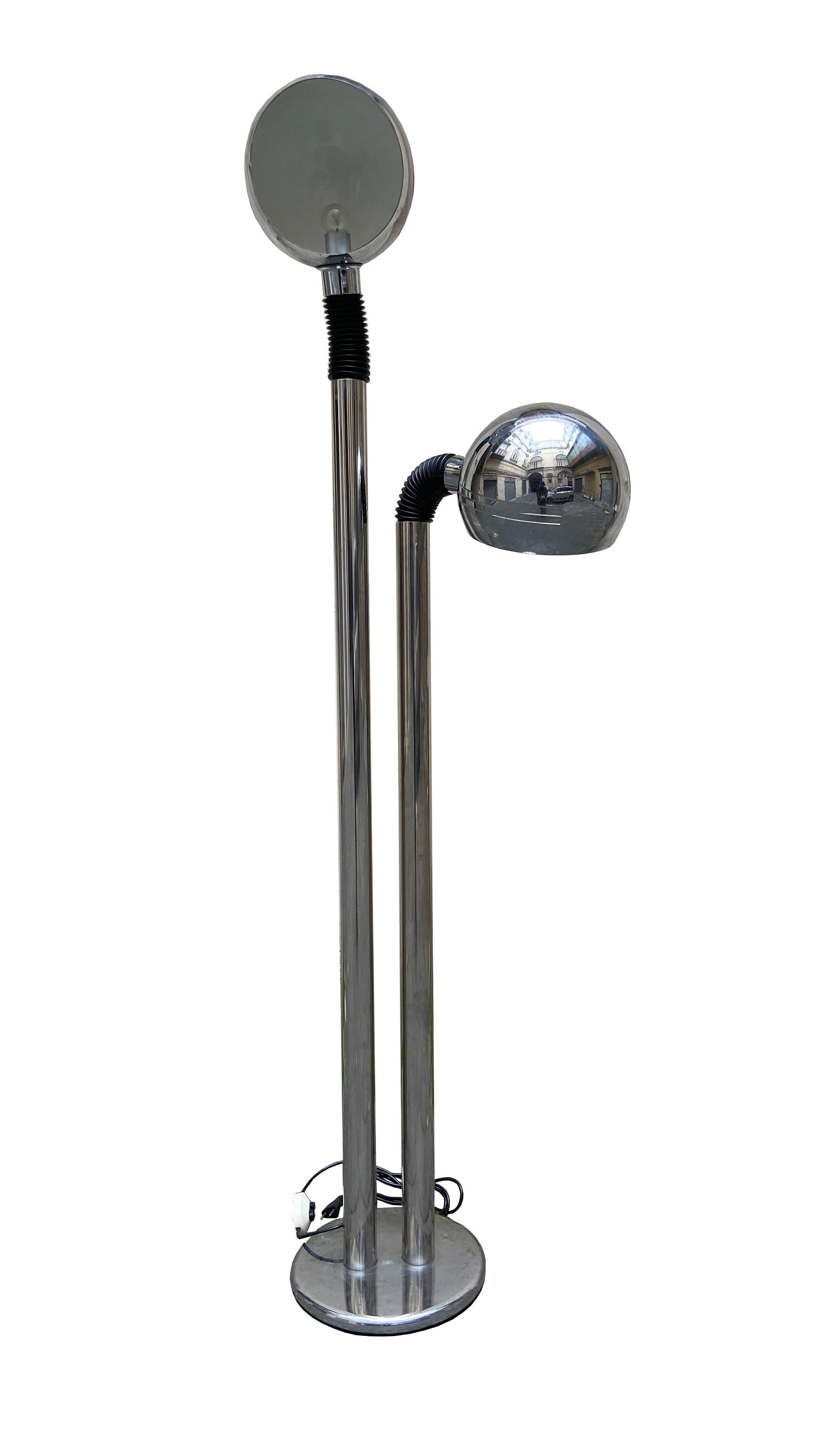 Floor lamp produced by Targetti, Italy, 1970s. The lamp made of chromed metal has two adjustable lights thanks to the flexible rubber neck, characteristic of Targetti lamps.
