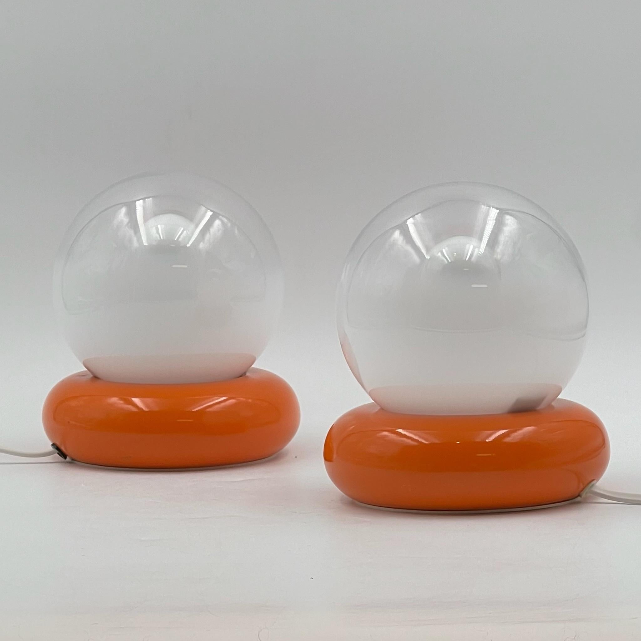 Mid-Century Modern Targetti Sankey Vintage Pair of Table Lamps - Orange and Glass Globes 1970s